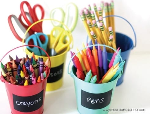 chalkboard labels on pencil holder buckets