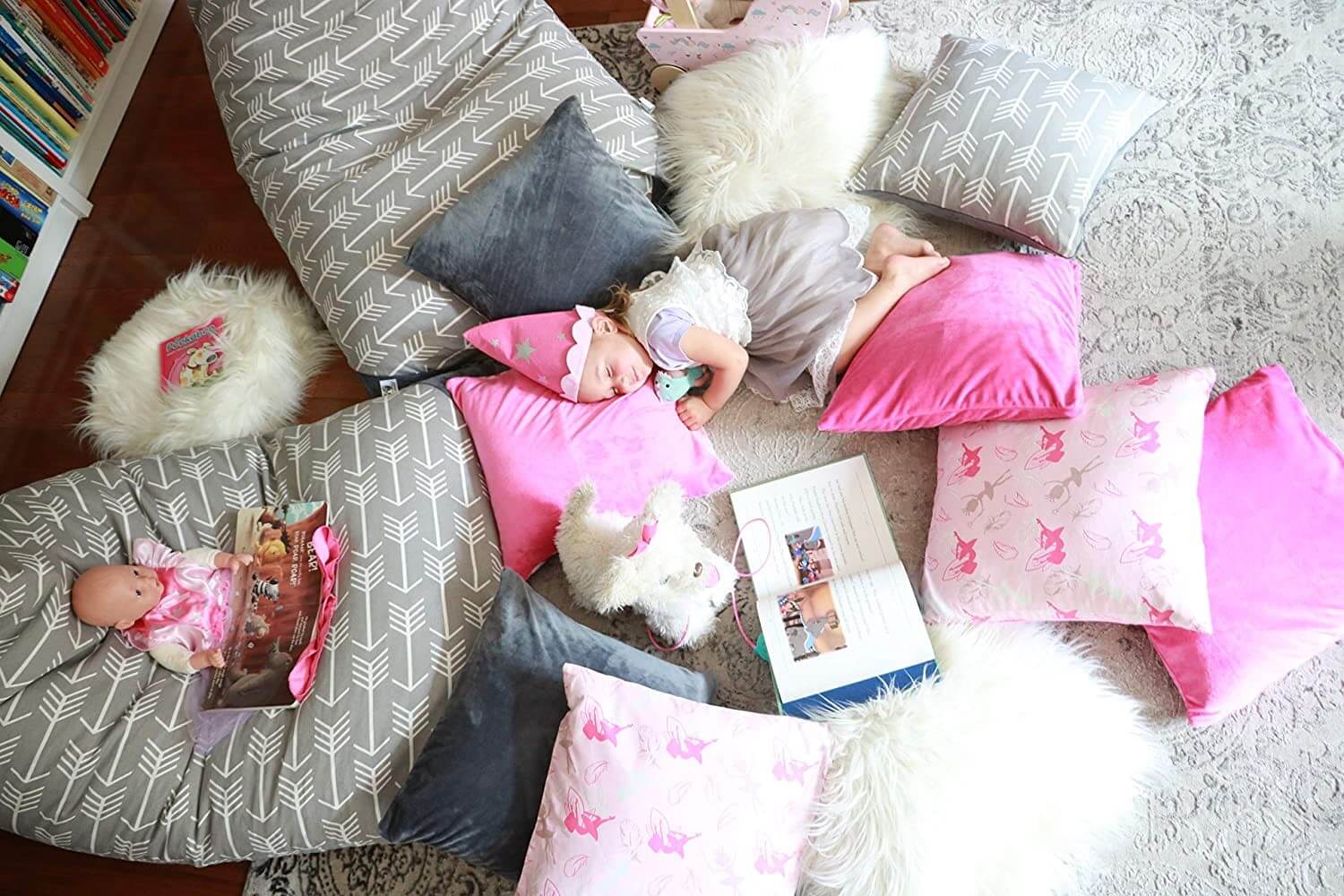pink-princess-and-navy-stars-accent-pillow-covers-toy-storage-bean-bag-gray-arrows