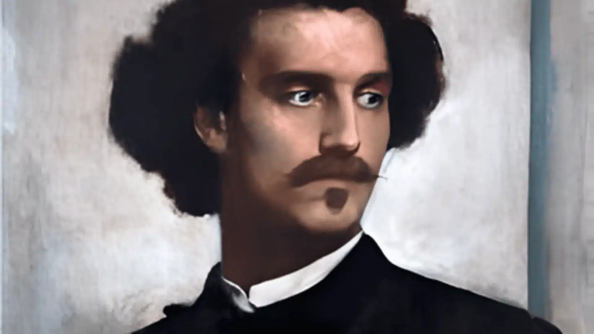 A 19th-century painting of a man with curly hair and a mustache, showcasing emotional depth and artistic expression.