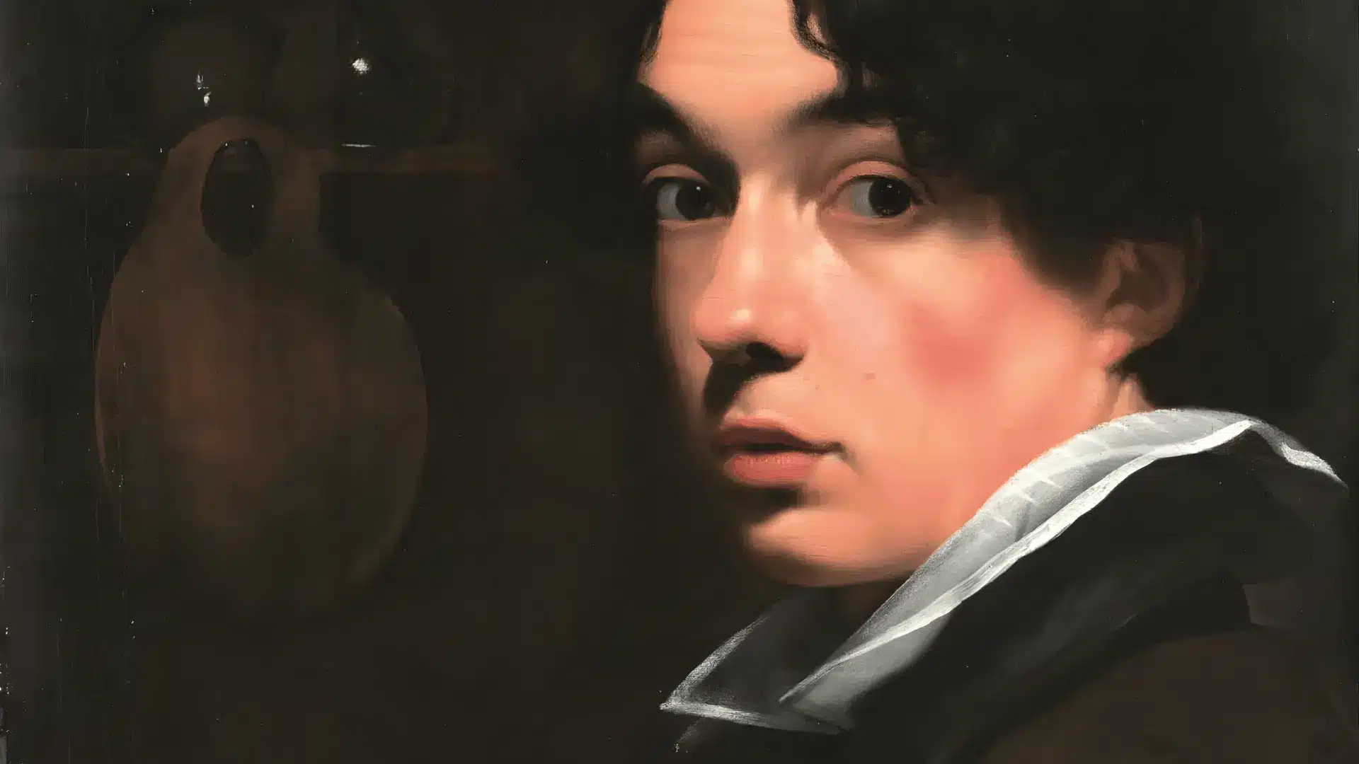A baroque self-portrait of a young man with black hair, showcasing intricate details and rich colors.