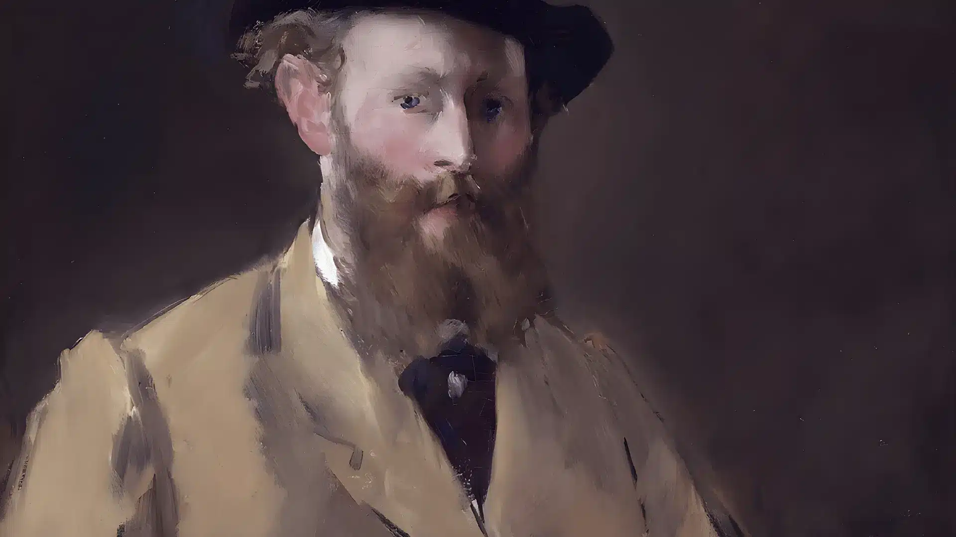 A bearded man in a dark jacket holds a palette, rendered in loose, confident brushwork typical of the Impressionist era.