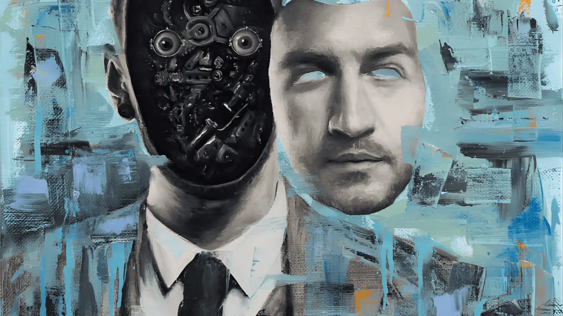 A contemporary self-portrait of a man with a robot head, blending traditional art with modern digital influences.