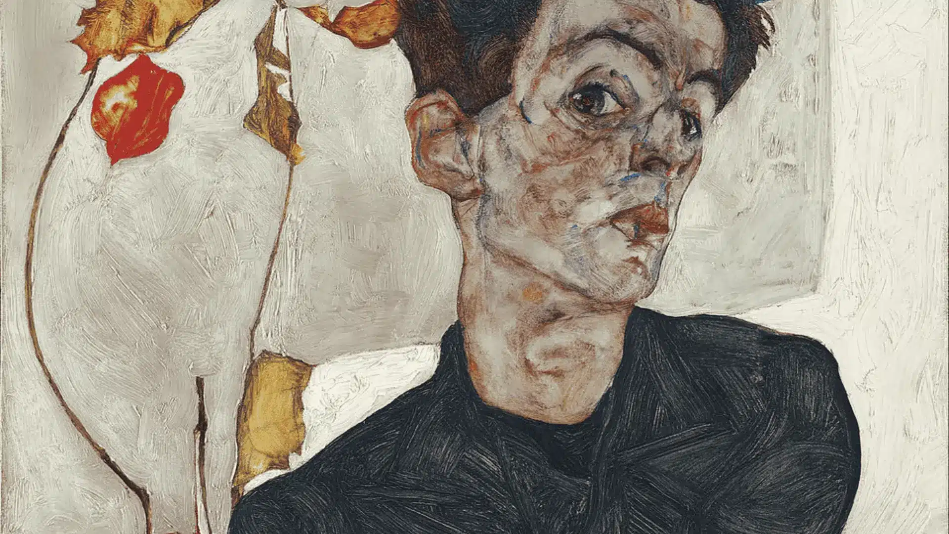 A gaunt young man with angular features and intense eyes holds a small orange physalis plant in this raw Expressionist self-portrait.