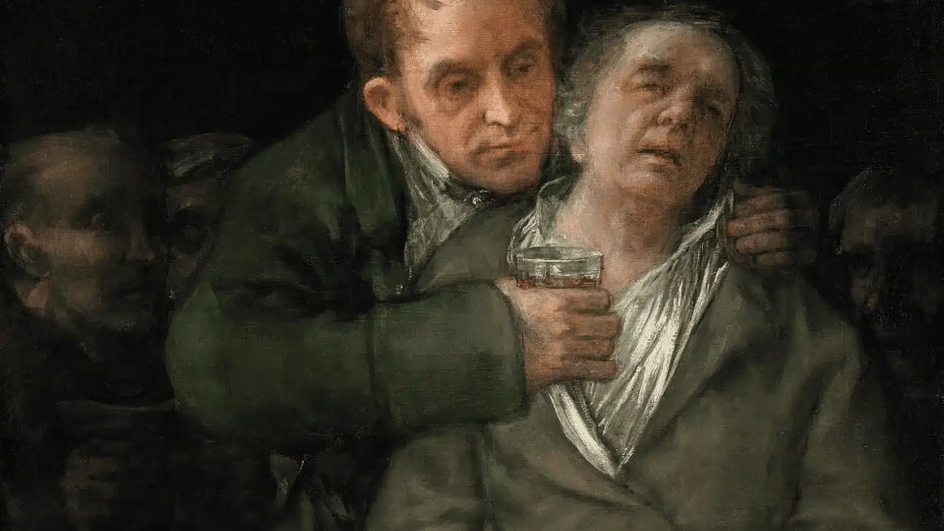 A gravely ill man supported by a compassionate figure, rendered in Goya's dark, expressive style.