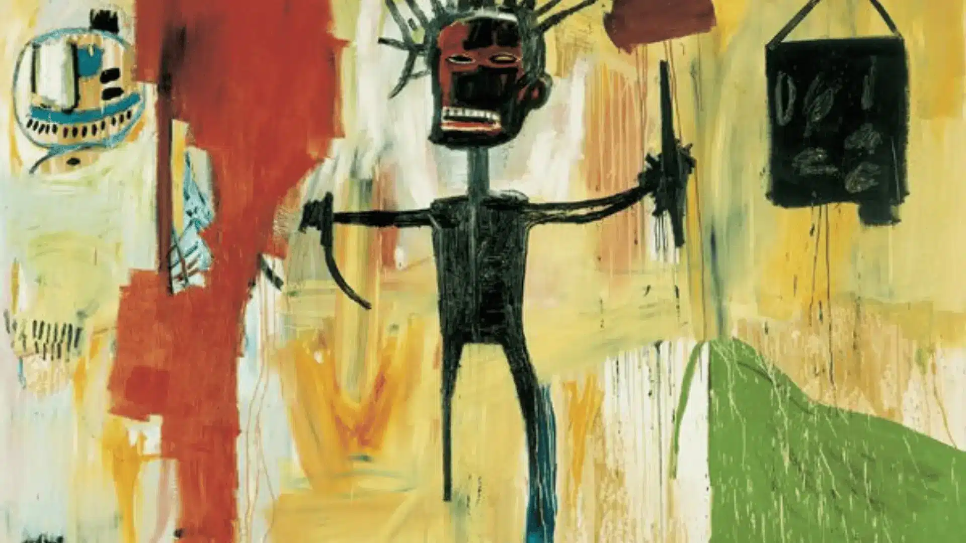 A painting of a man holding a stick and a knife, reflecting themes of struggle and identity in modern self-portrait art.