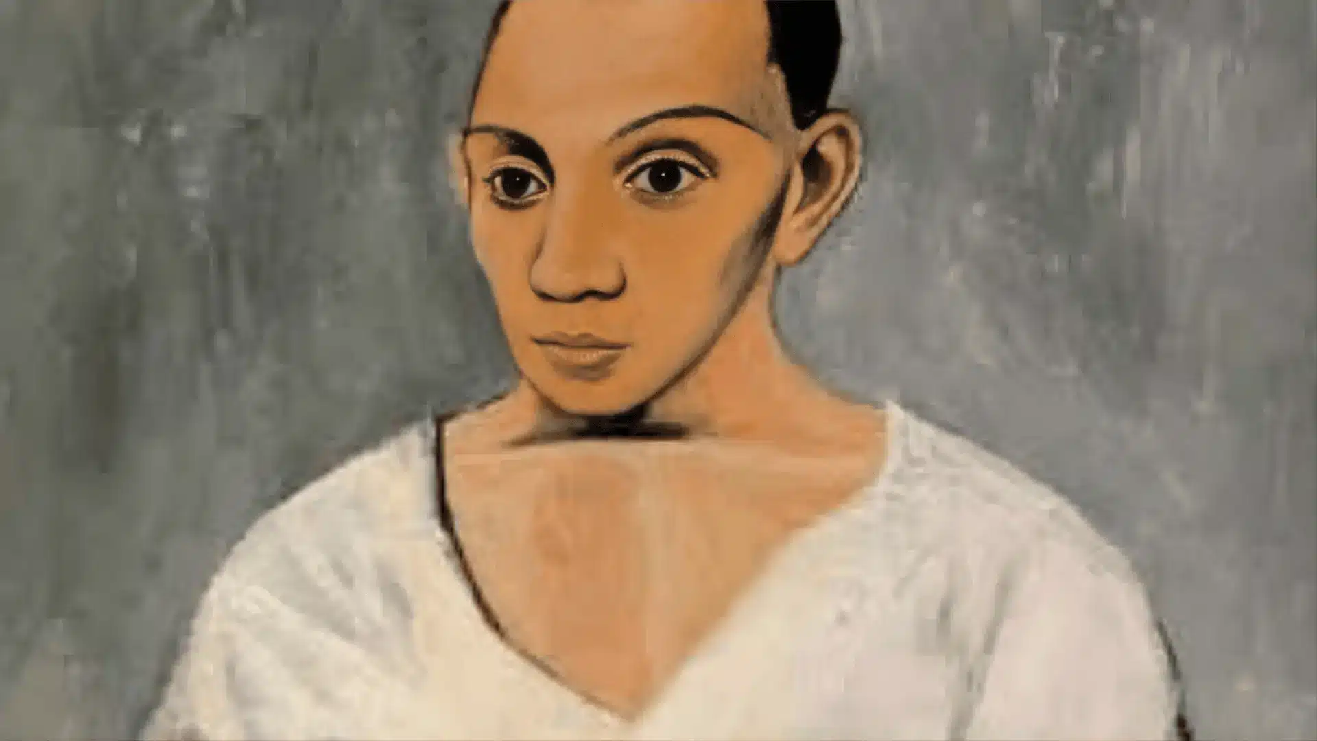 A self-portrait of Pablo Picasso in a white shirt, showcasing his Proto-Cubism style.