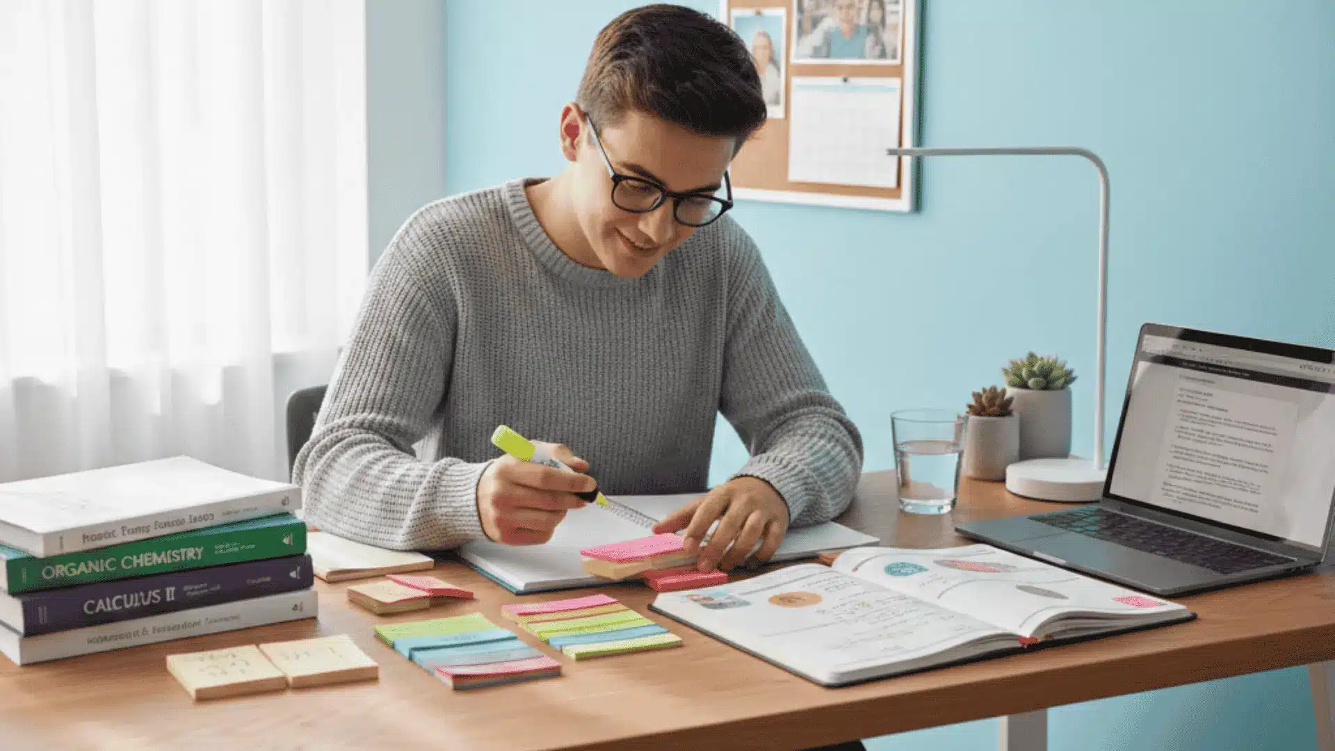 A student seated at a desk with a laptop and documents, concentrating on his studies
