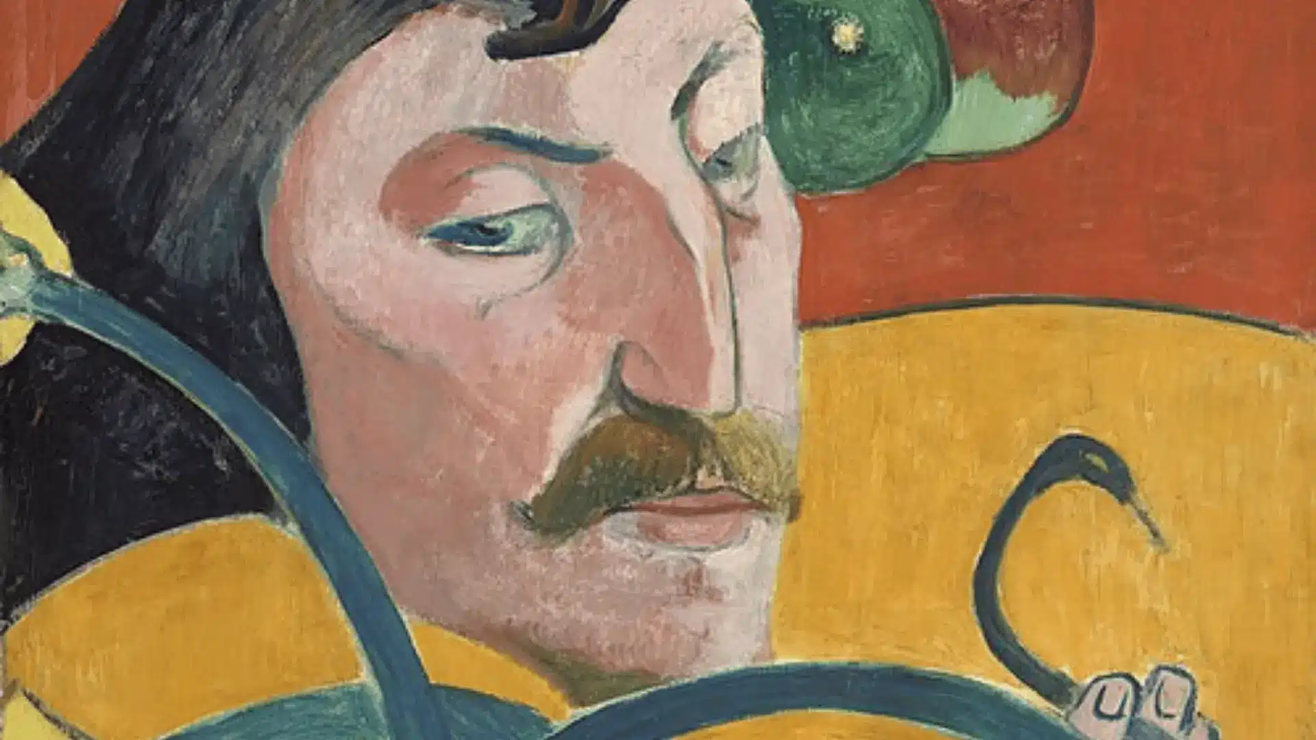 A stylized self-portrait of a man with a golden halo, holding a snake.