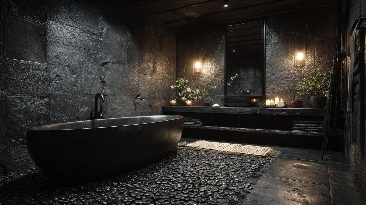 Matte black Japanese bathroom with a dark ofuro tub and textured stone walls, giving a matte, classy look