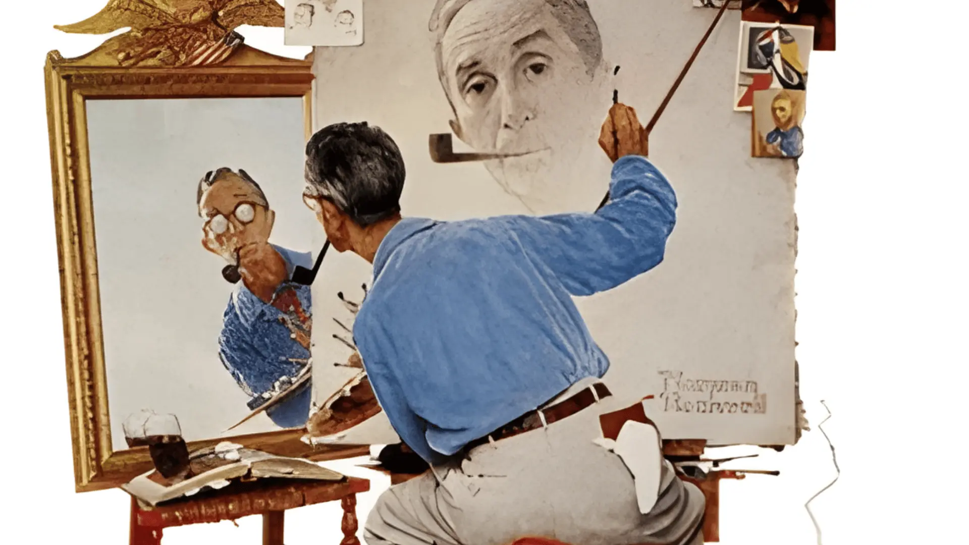 An artist sits at an easel, painting his own reflection in a mirror, while reference images of famous self-portraits are pinned to the canvas corner.