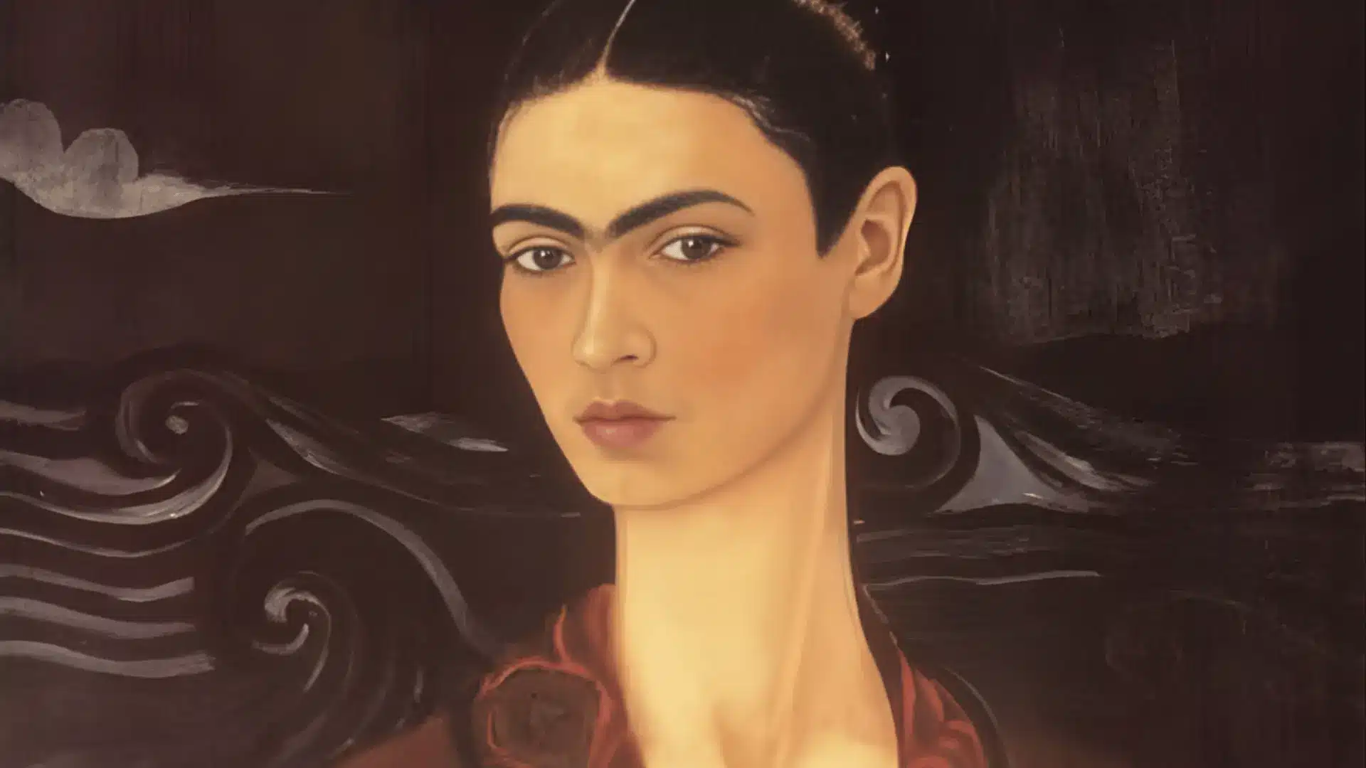 An early self-portrait of a woman with dark hair, inspired by the historical tradition of artists carving their own likenesses.