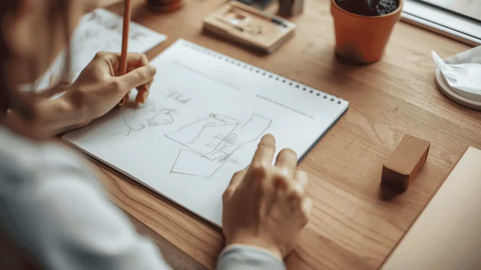 An individual sketching on a sheet of paper using a pencil.