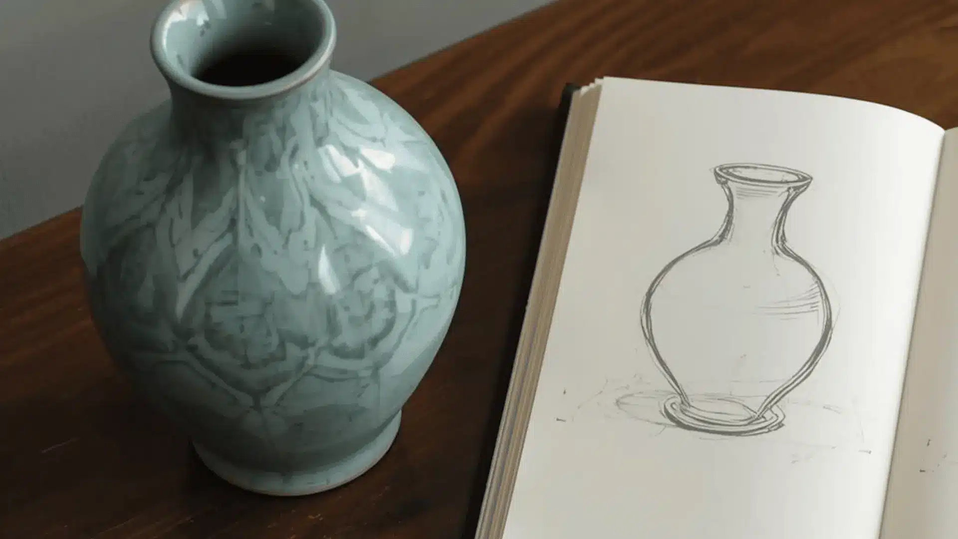 Artist looking at the object while drawing without looking at the paper, loose continuous line in sketchbook