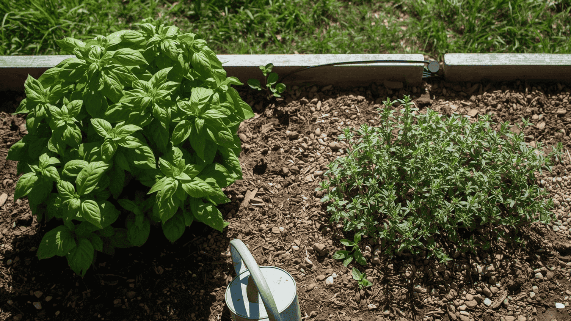 Basil planted near oregano in a sunny bed