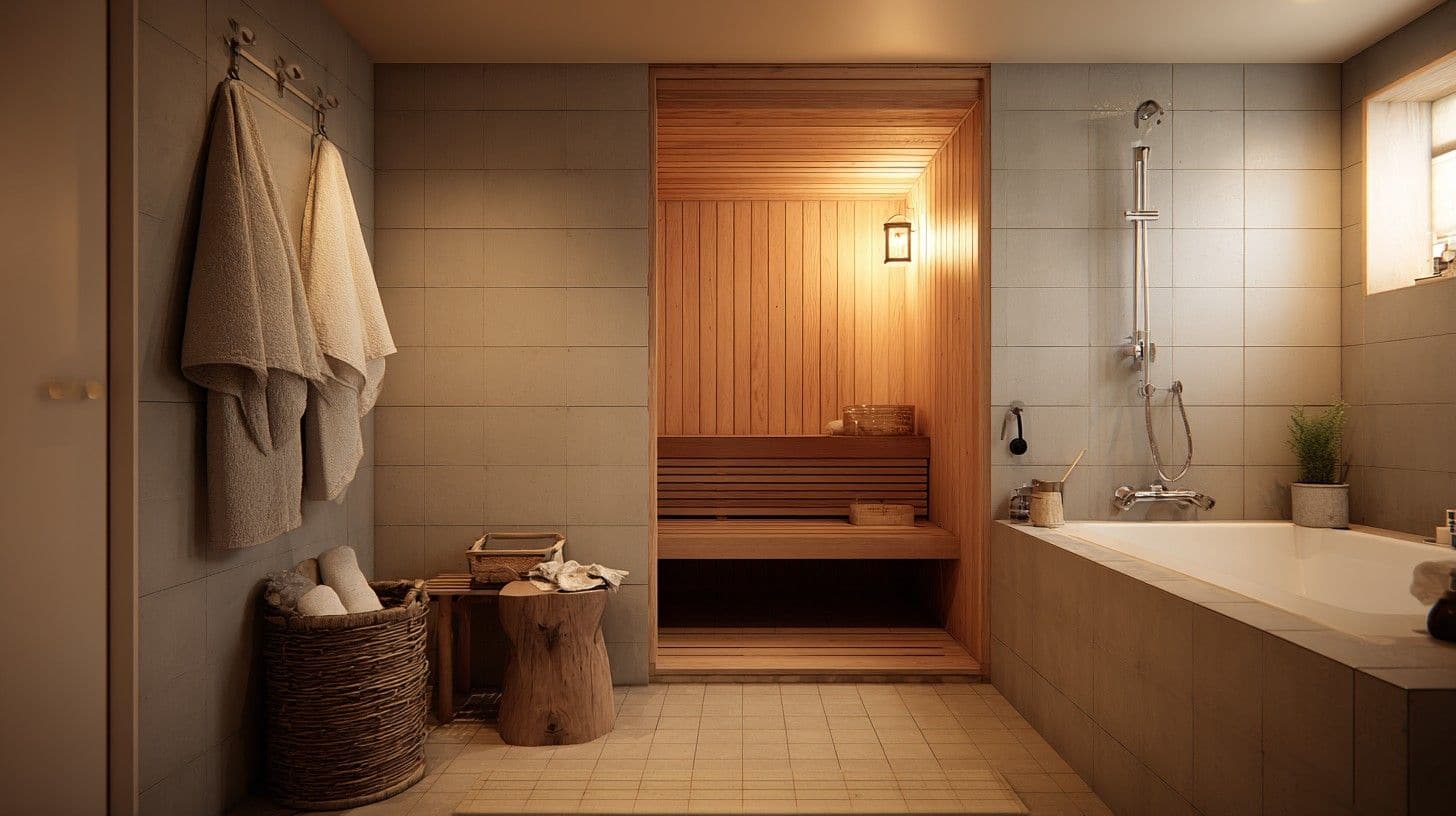 Modern Japanese home bathroom with compact cedar sauna, soaking tub, and simple wood details.