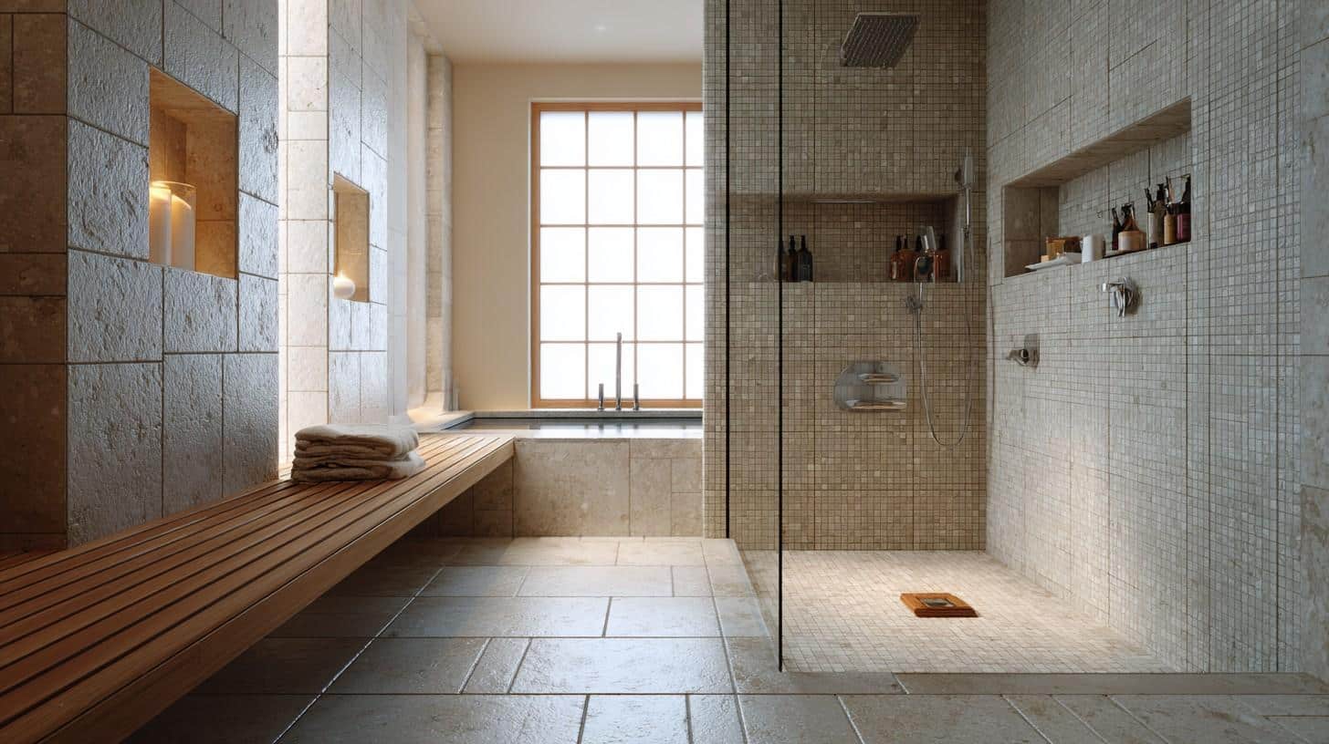 Recessed wall niches in a Japanese shower for bottles.