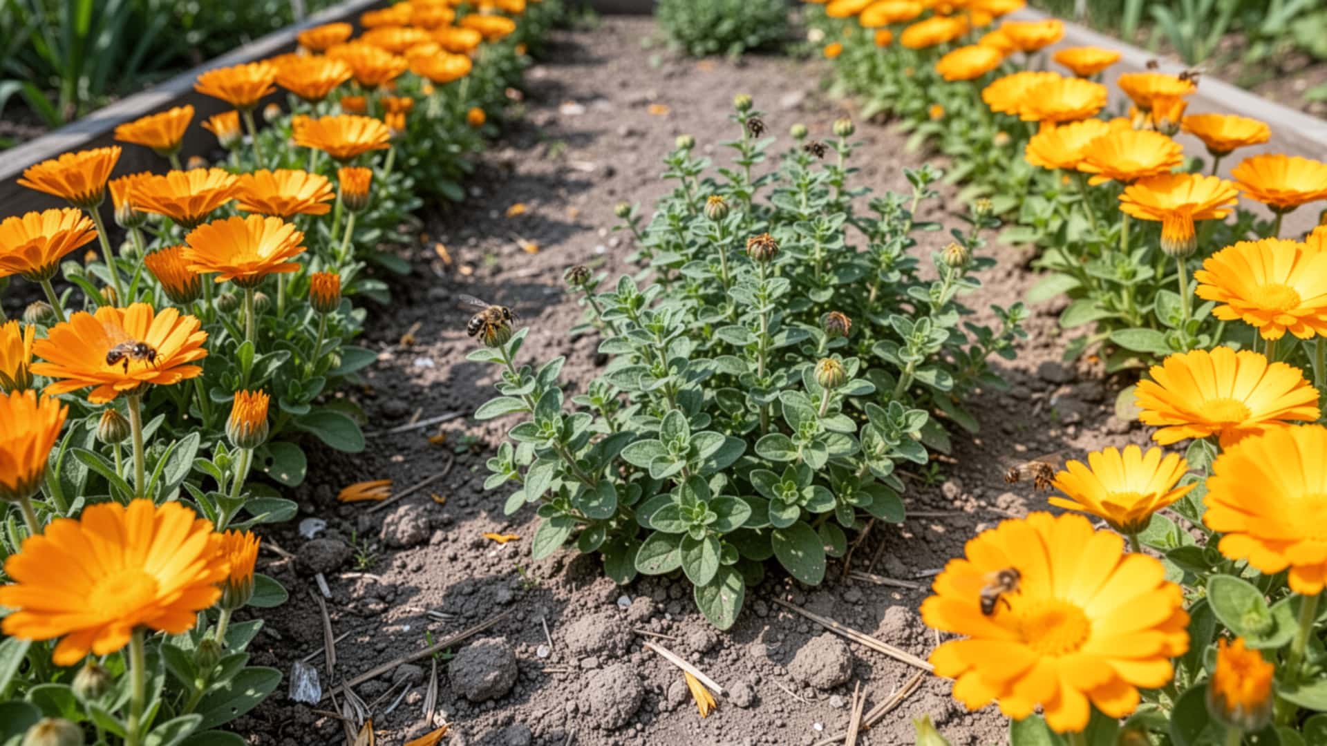 Calendula blooms in a sunny garden bed edge with oregano inside it, showing well-drained soil and tidy spacing in summer.