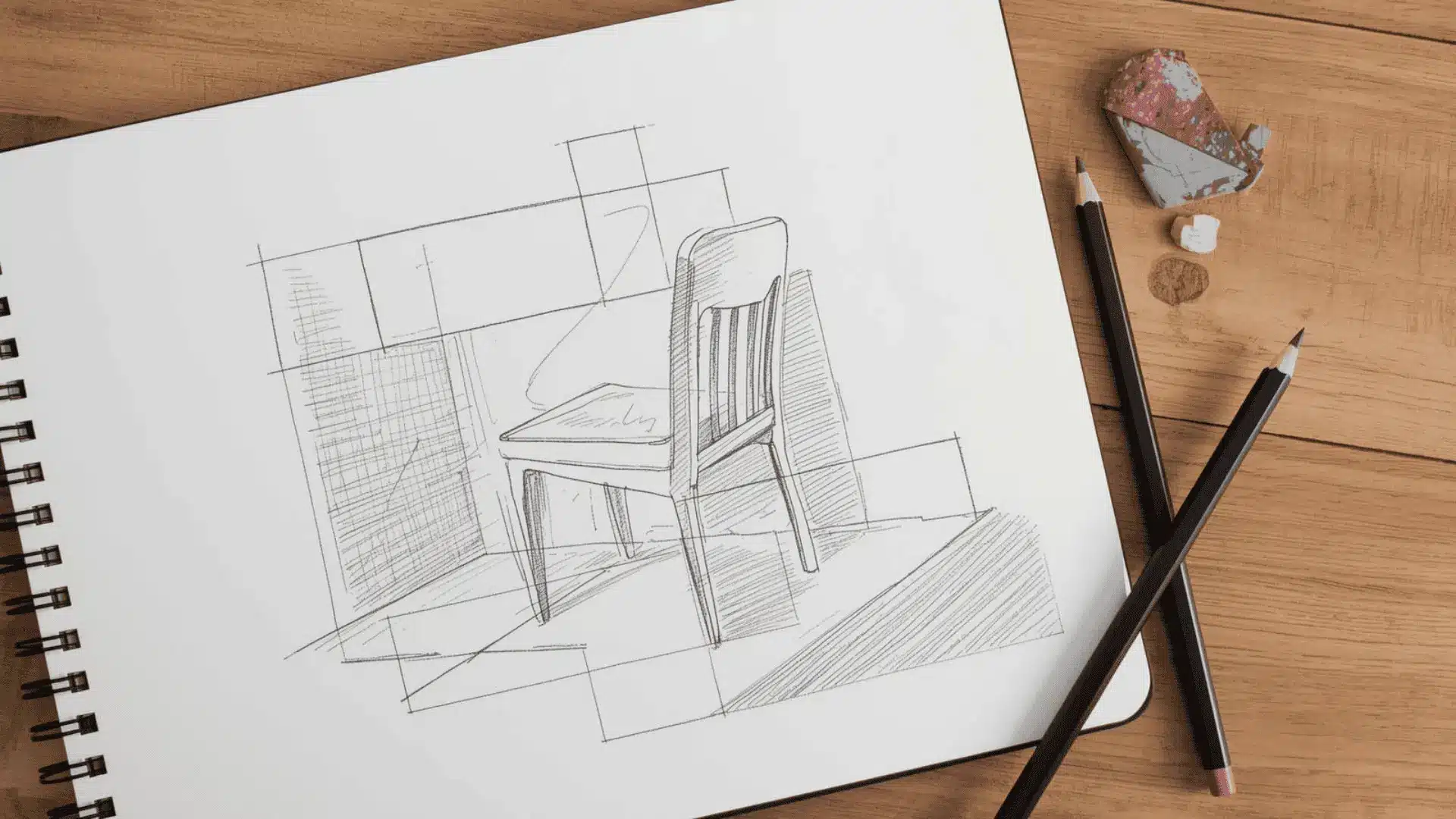 Chair beside a sketch focusing on the empty space shapes around it, clean negative space blocks drawn