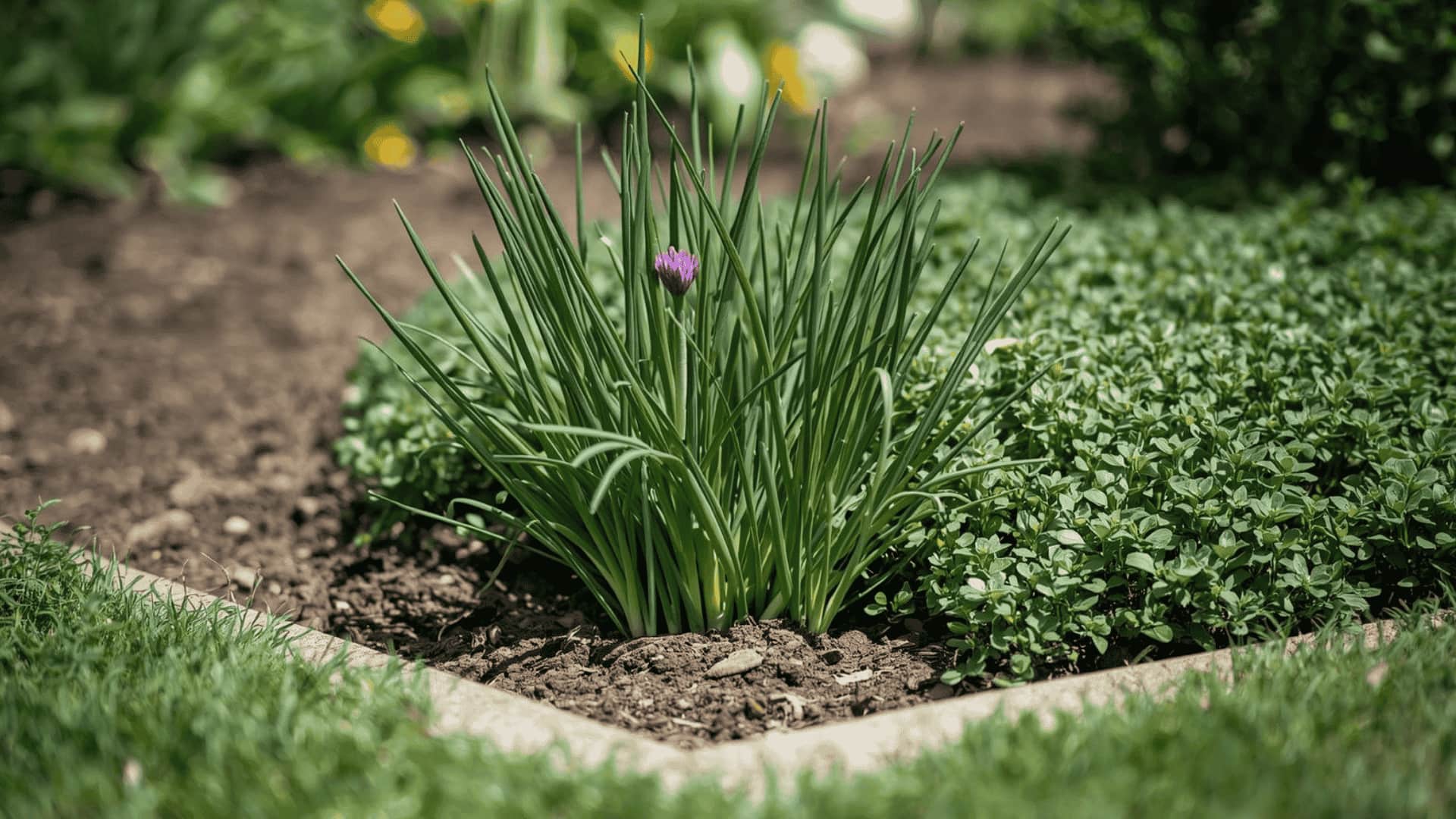 Chives flowering beside oregano at the bed edge