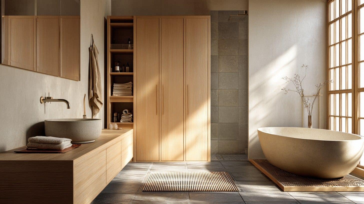 Japanese bathroom with tall closed cabinet storage instead of open shelves