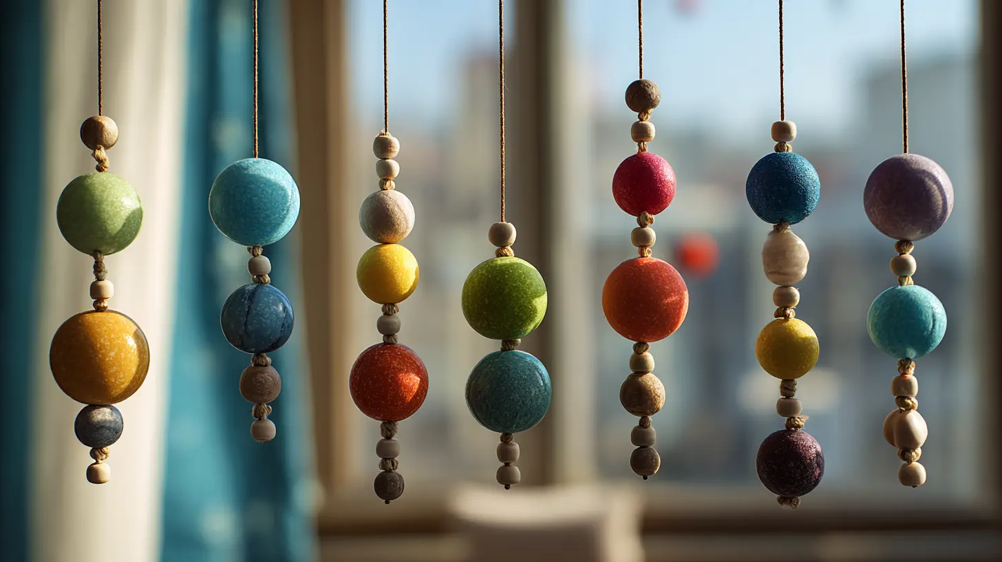 Colourful DIY bead wind chime hanging near a window.