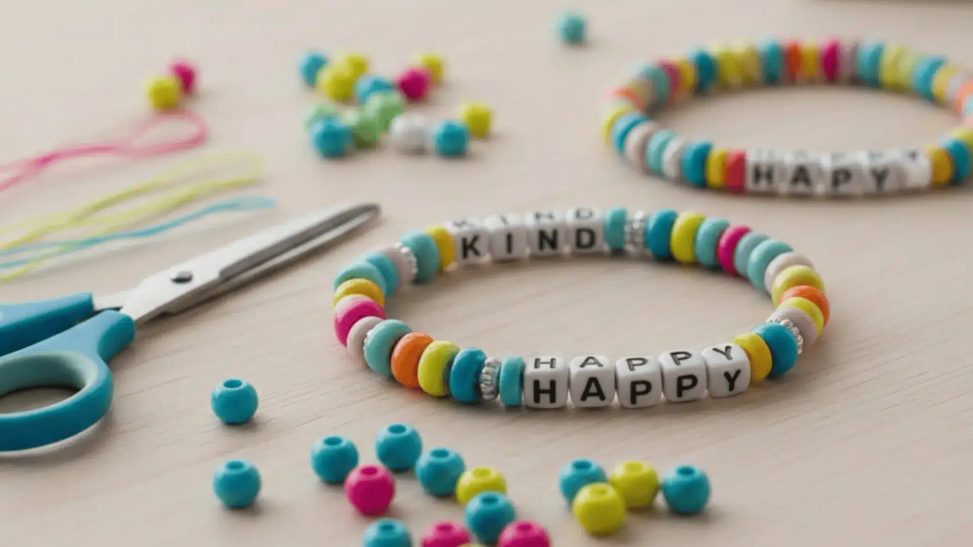 Colourful bead bracelets with positive words made using craft beads and elastic string.