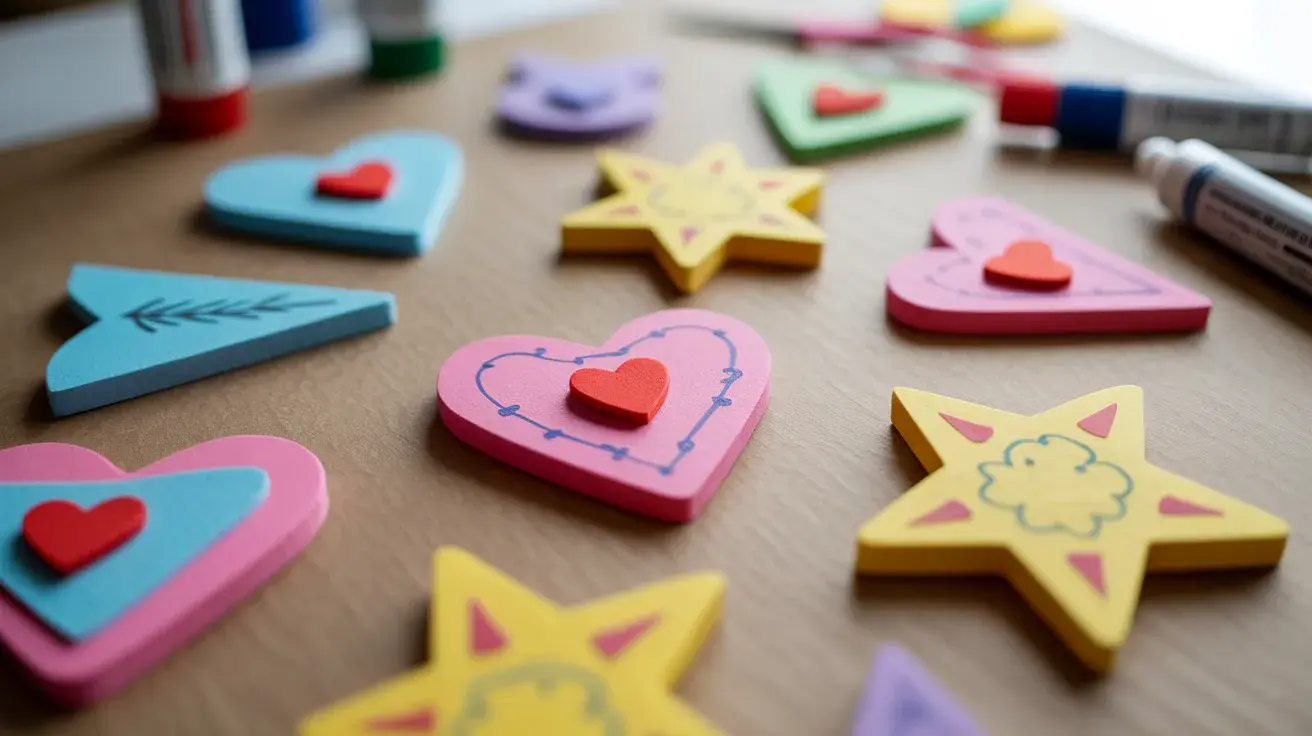 Colourful handmade foam magnets in heart and star shapes on a craft table.