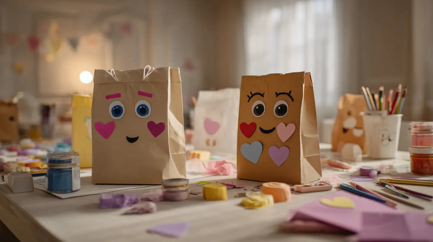 Colourful handmade paper bag puppets arranged on a craft table.