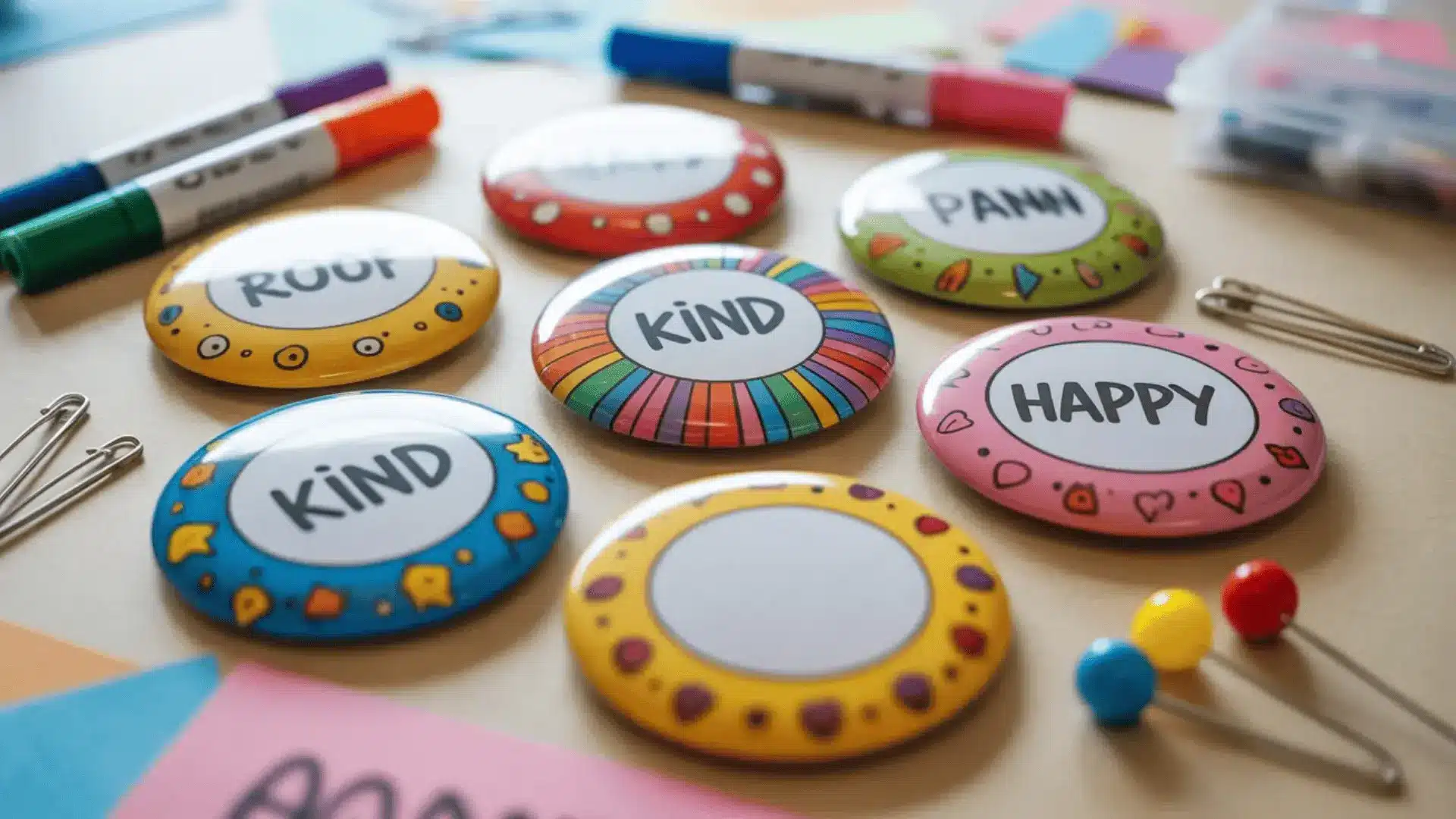 Colourful paper badge crafts with cheerful designs and positive words.