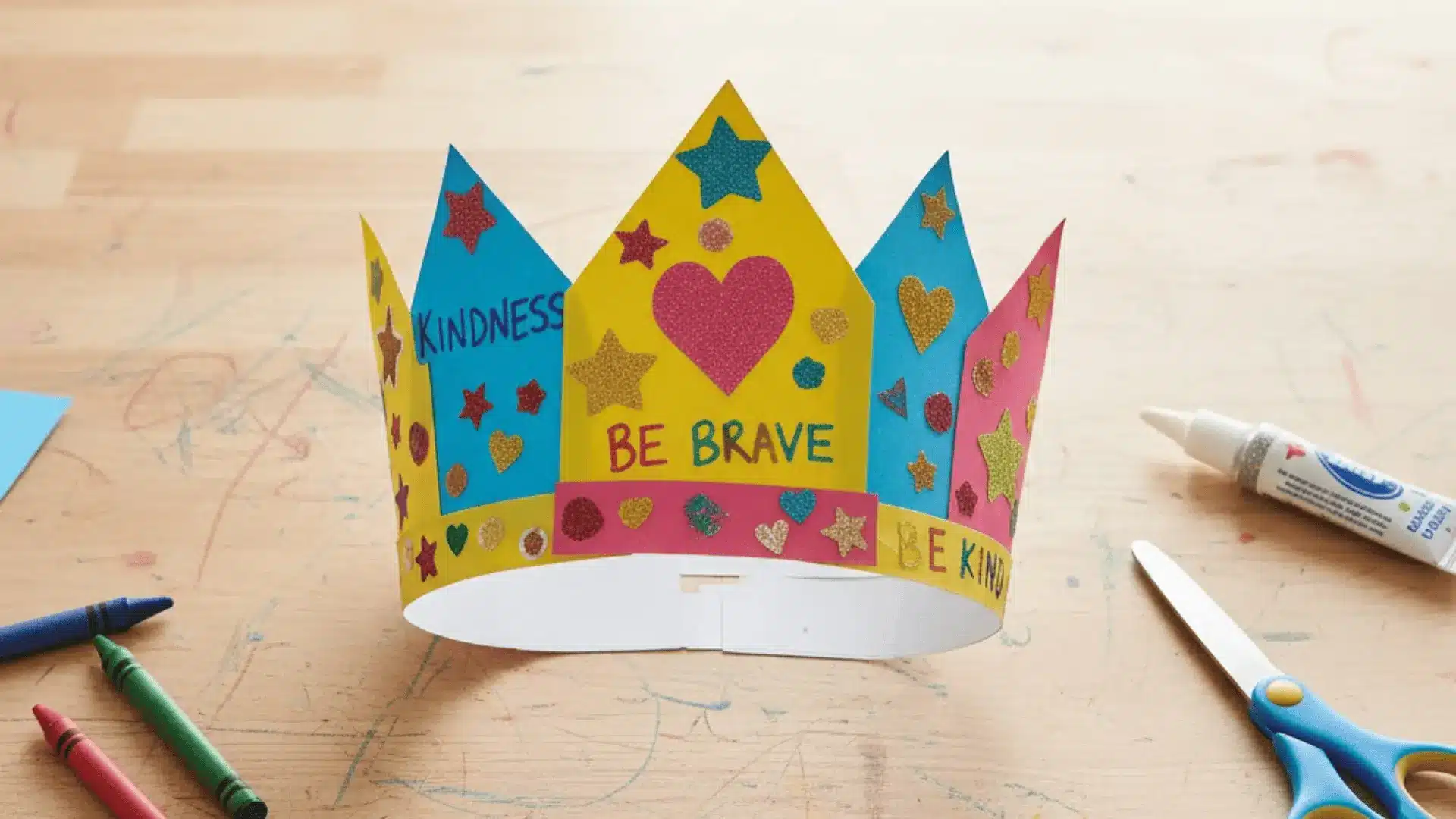 Colourful paper crown craft decorated with kindness-themed words and shapes.
