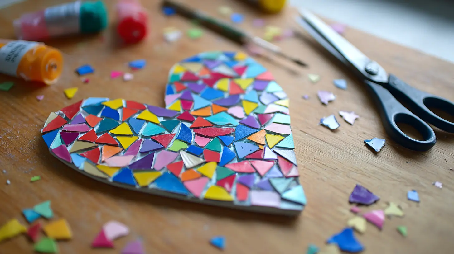 Colourful paper mosaic craft forming a decorative shape.