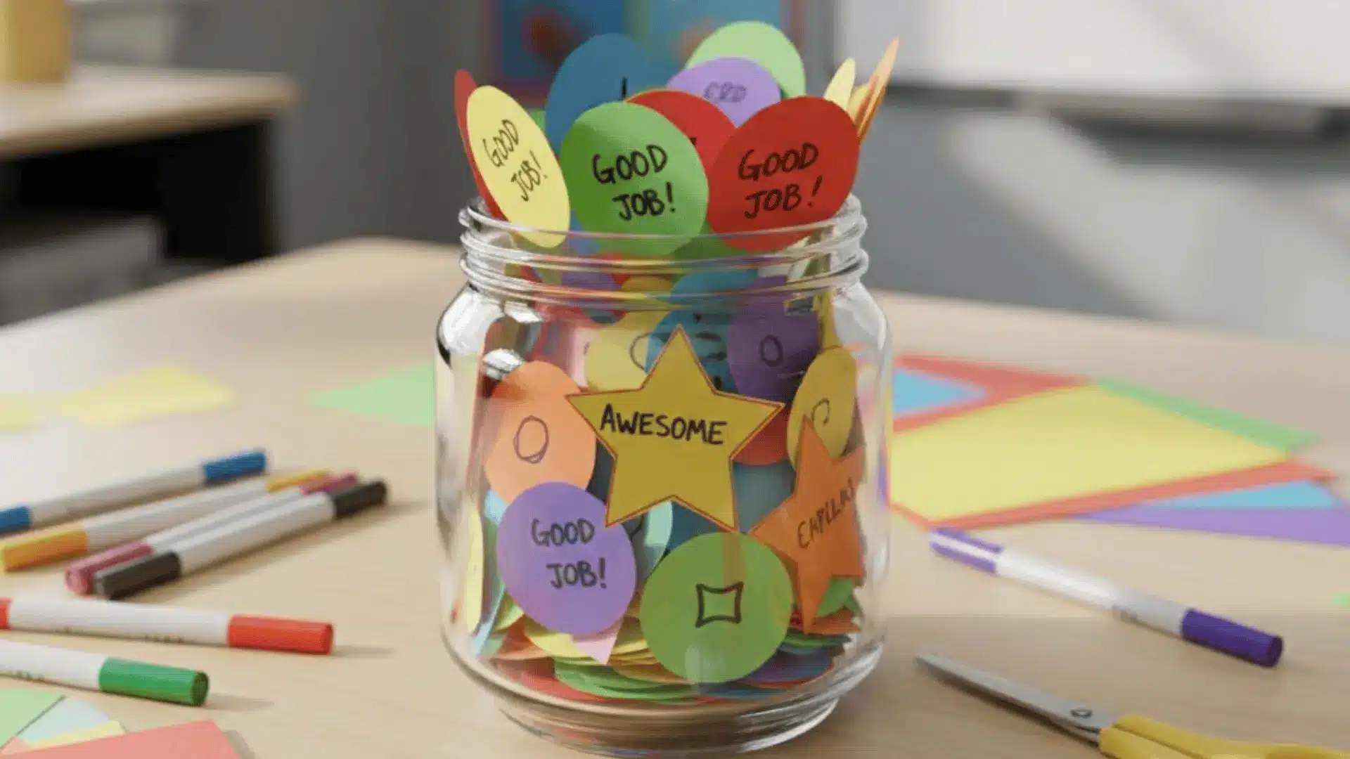 Colourful paper reward tokens in a container on a craft table.
