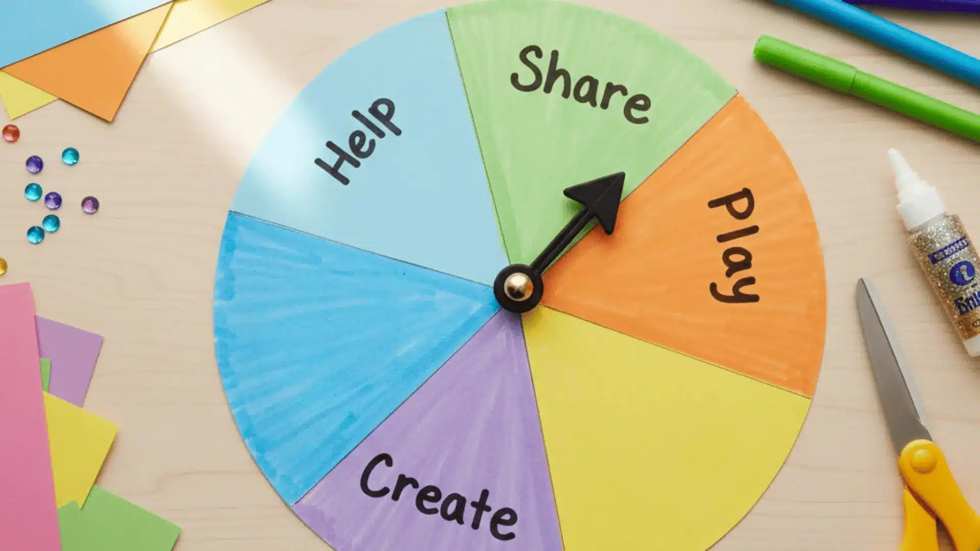 Colourful paper spinner wheel craft with kindness actions.