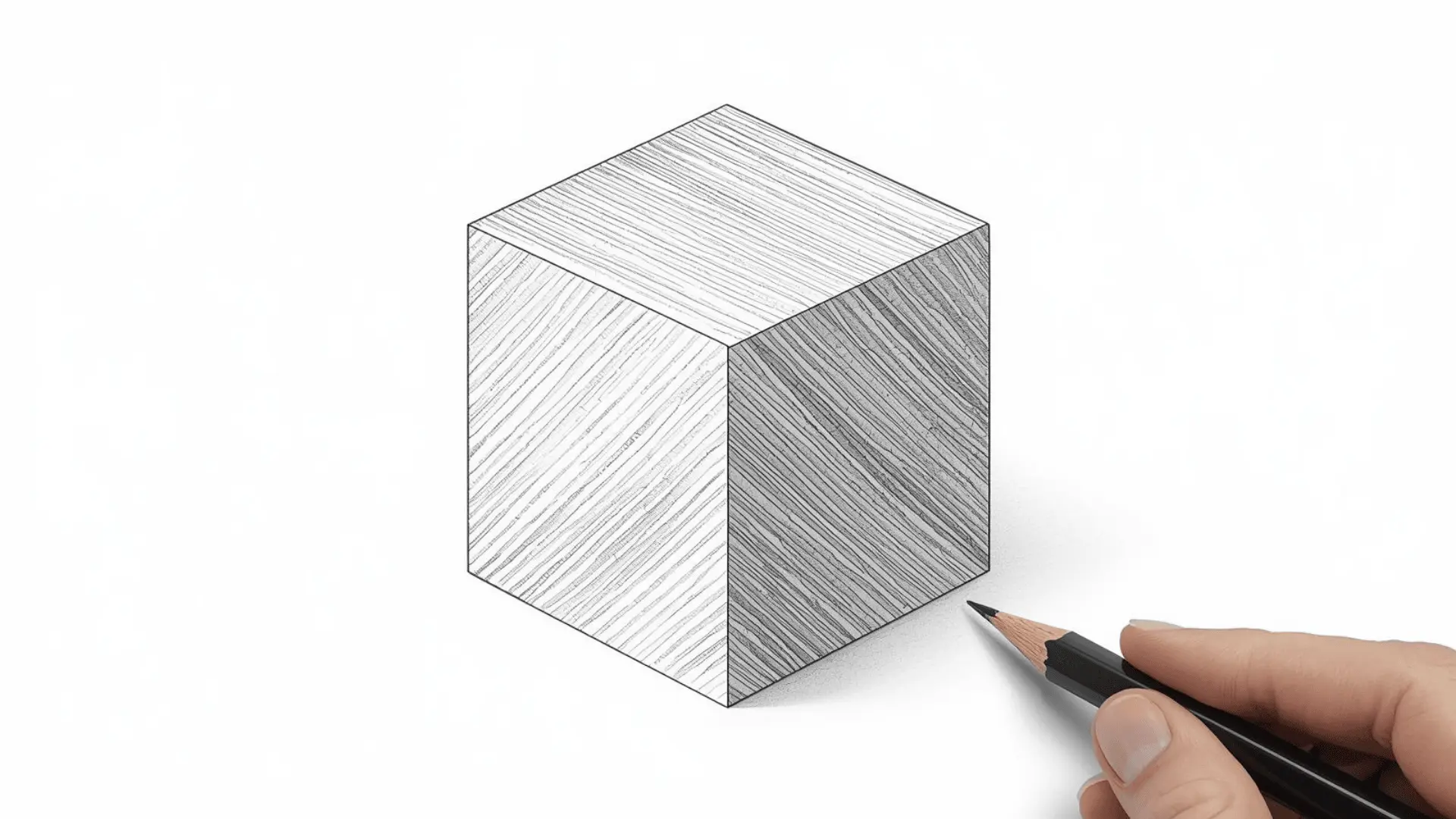 Cube shaded with neat parallel hatching lines, clear spacing change from light to dark on sketchbook paper