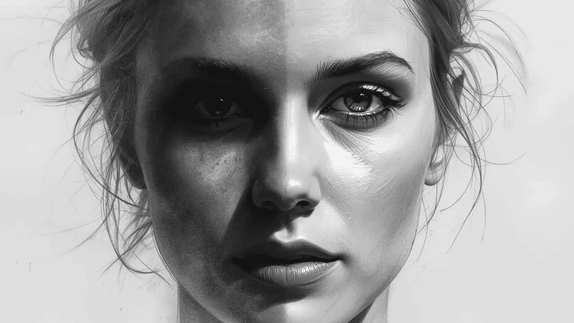 Dramatic portrait with strong light on one side and deep shadows on the other, high contrast pencil work