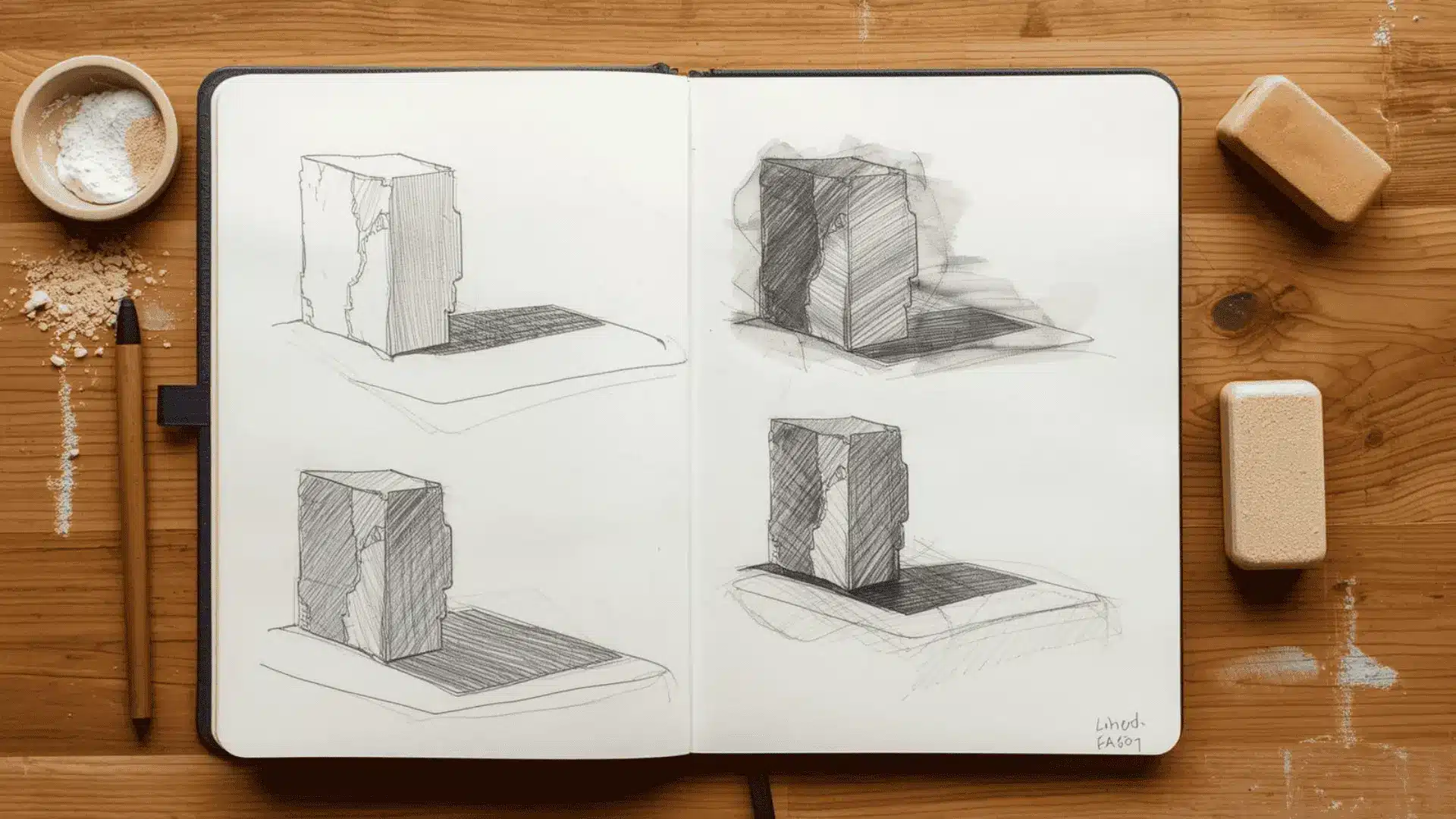 Drawing shown in stages with light block-in, refined shapes, and deeper values built with soft layers