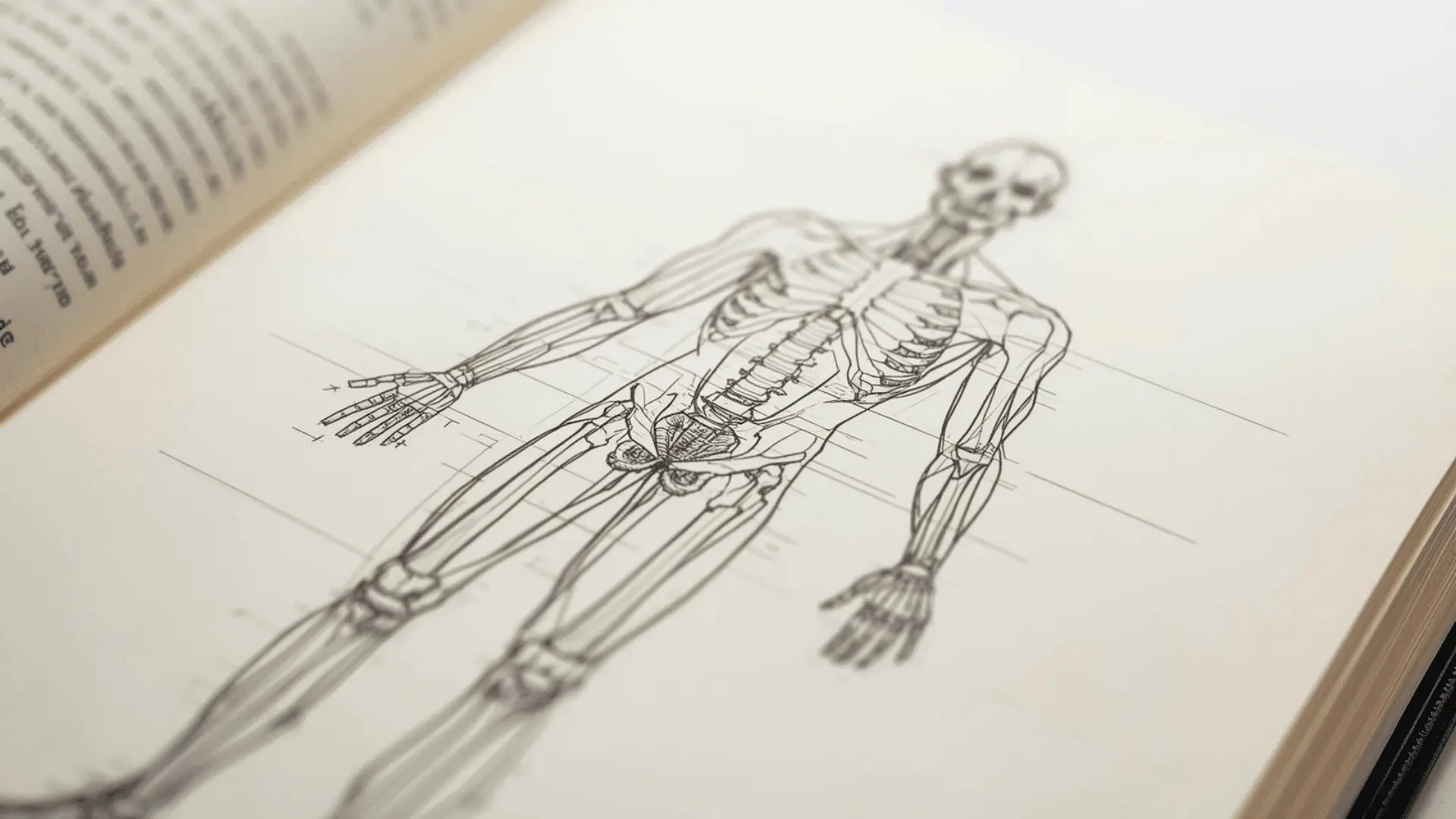 Figure study built with gesture line, skeletal landmarks, and simplified muscle groups in a sketchbook