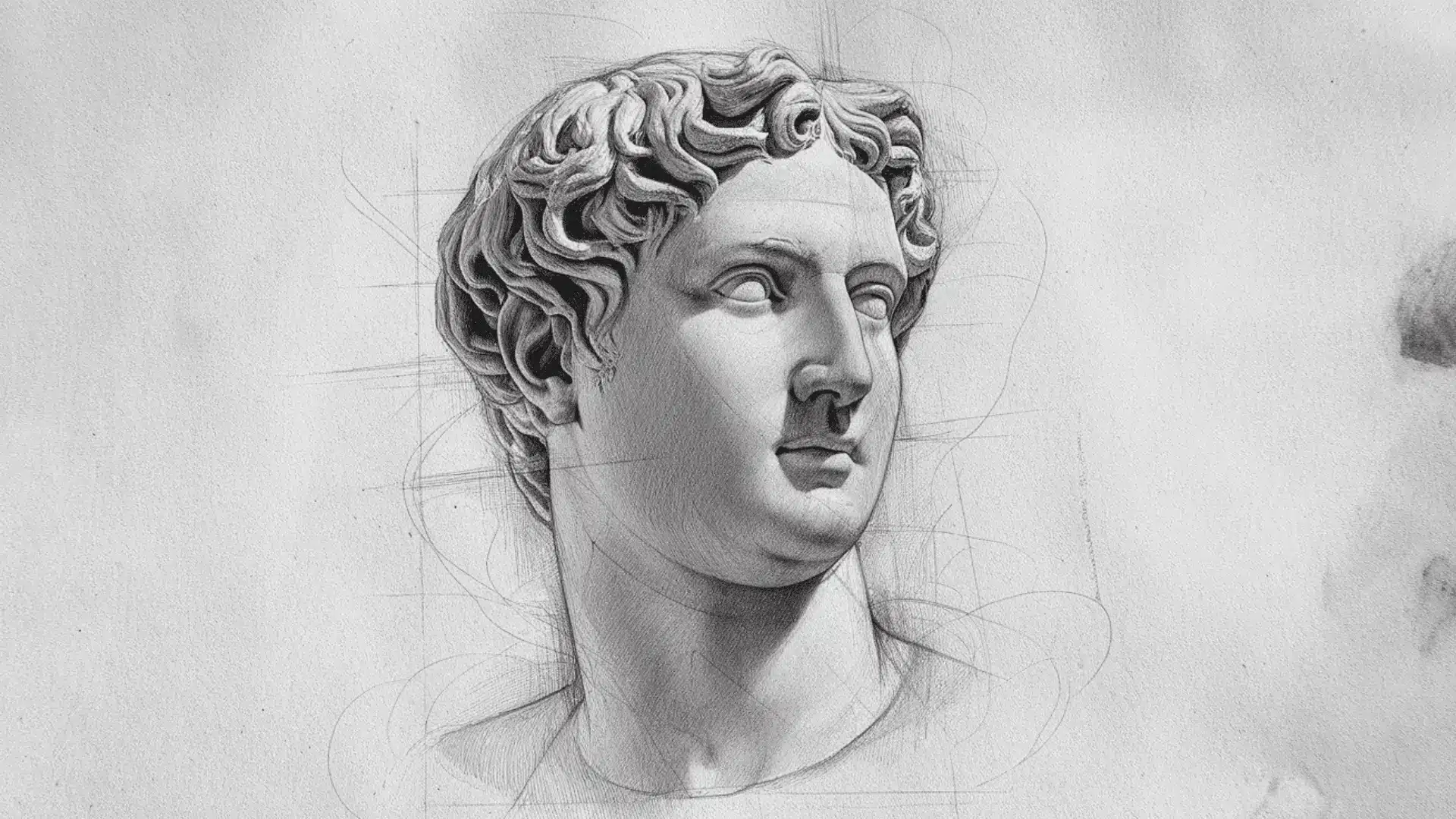 Finished graphite pencil drawing of a classical bust with accurate proportions, faint construction lines visible on textured sketchbook paper.