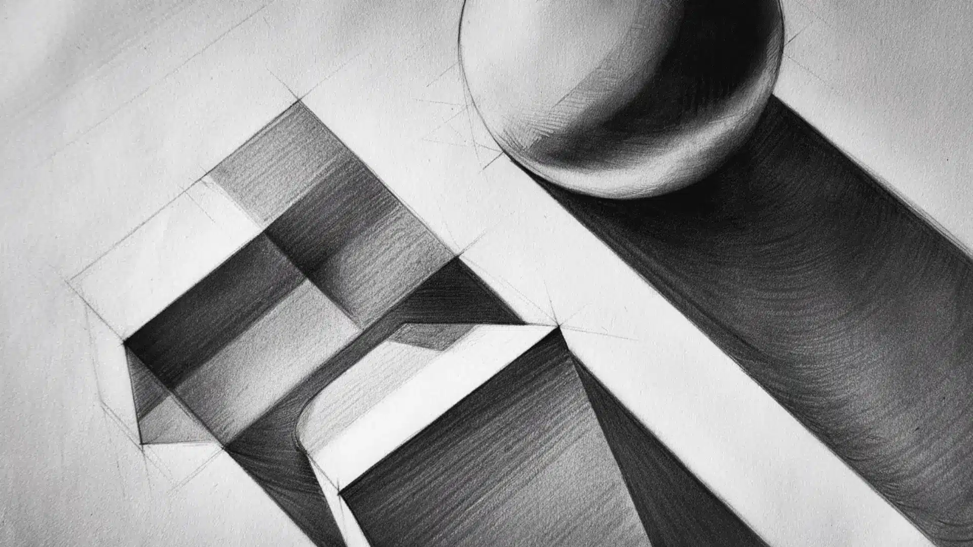 Finished graphite still life drawing of sphere, cube, and cylinder with clearly defined highlight, midtone, core shadow, and cast shadow.