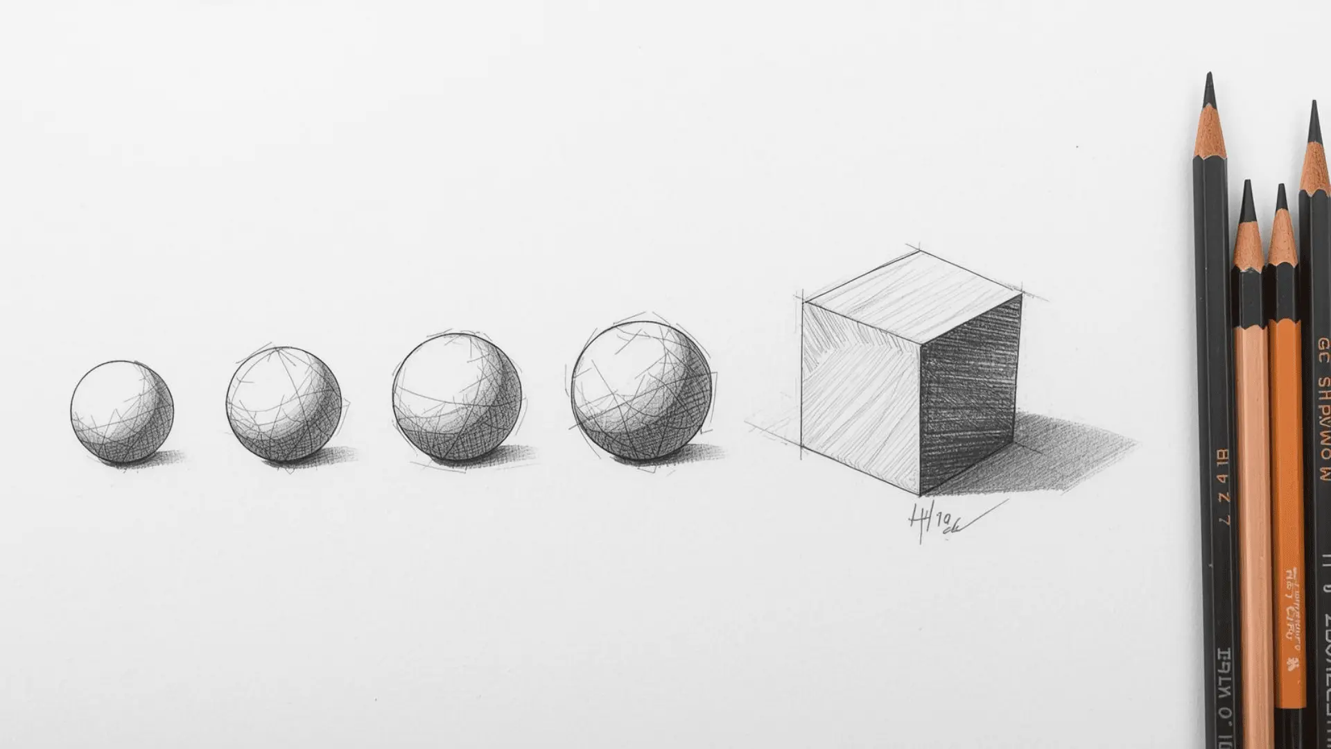 Five-step value scale next to shaded sphere and cube, pencils arranged neatly beside the sketchbook