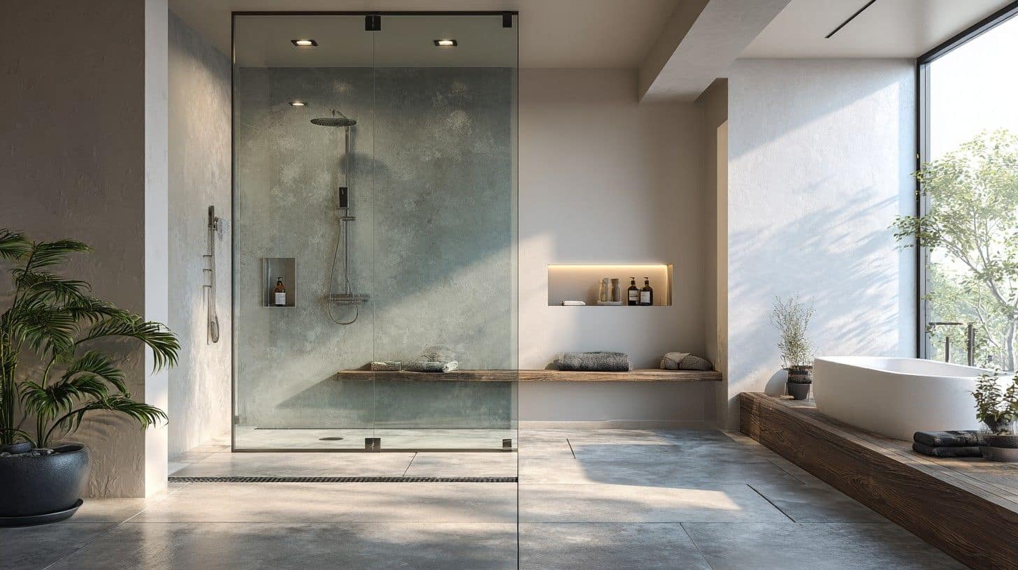 Fixed glass splash guard in wet-room bathroom to block water spray.