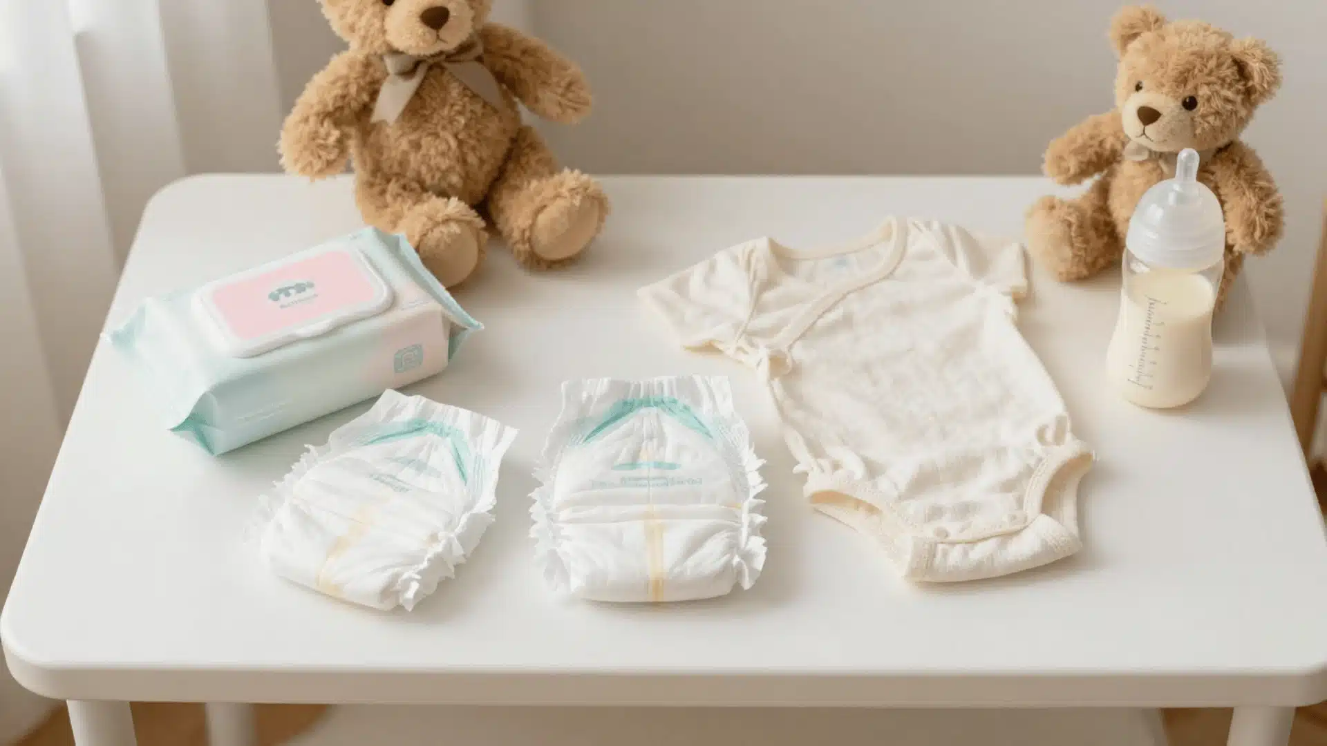 Flat lay of baby diapering essentials, including diapers, baby wipes, diaper rash cream, a changing pad, and a diaper caddy on a nursery table.
