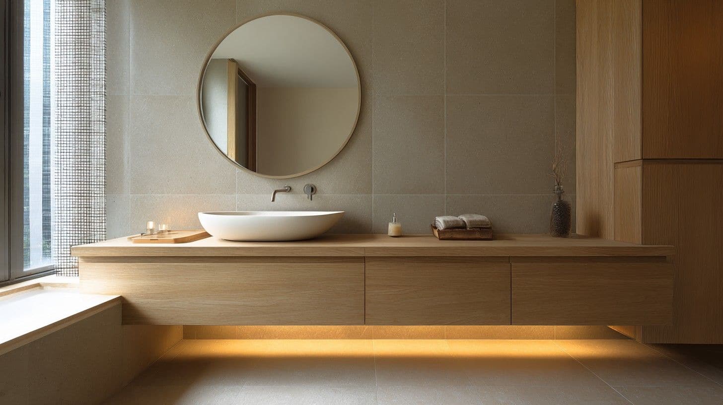  Floating wood vanity with soft underlight to make the bathroom feel warmer