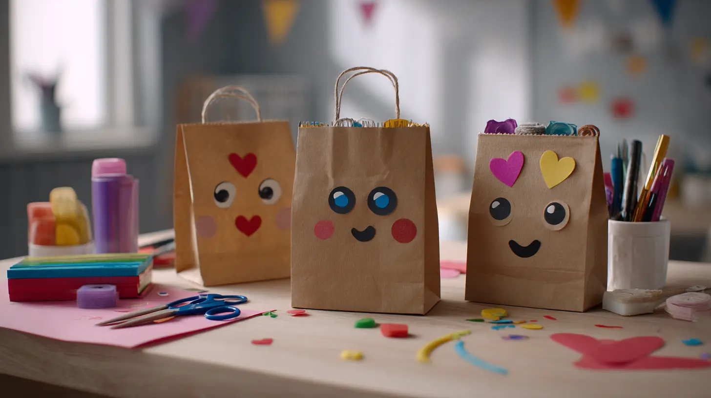 Handmade paper bag puppets on a craft table