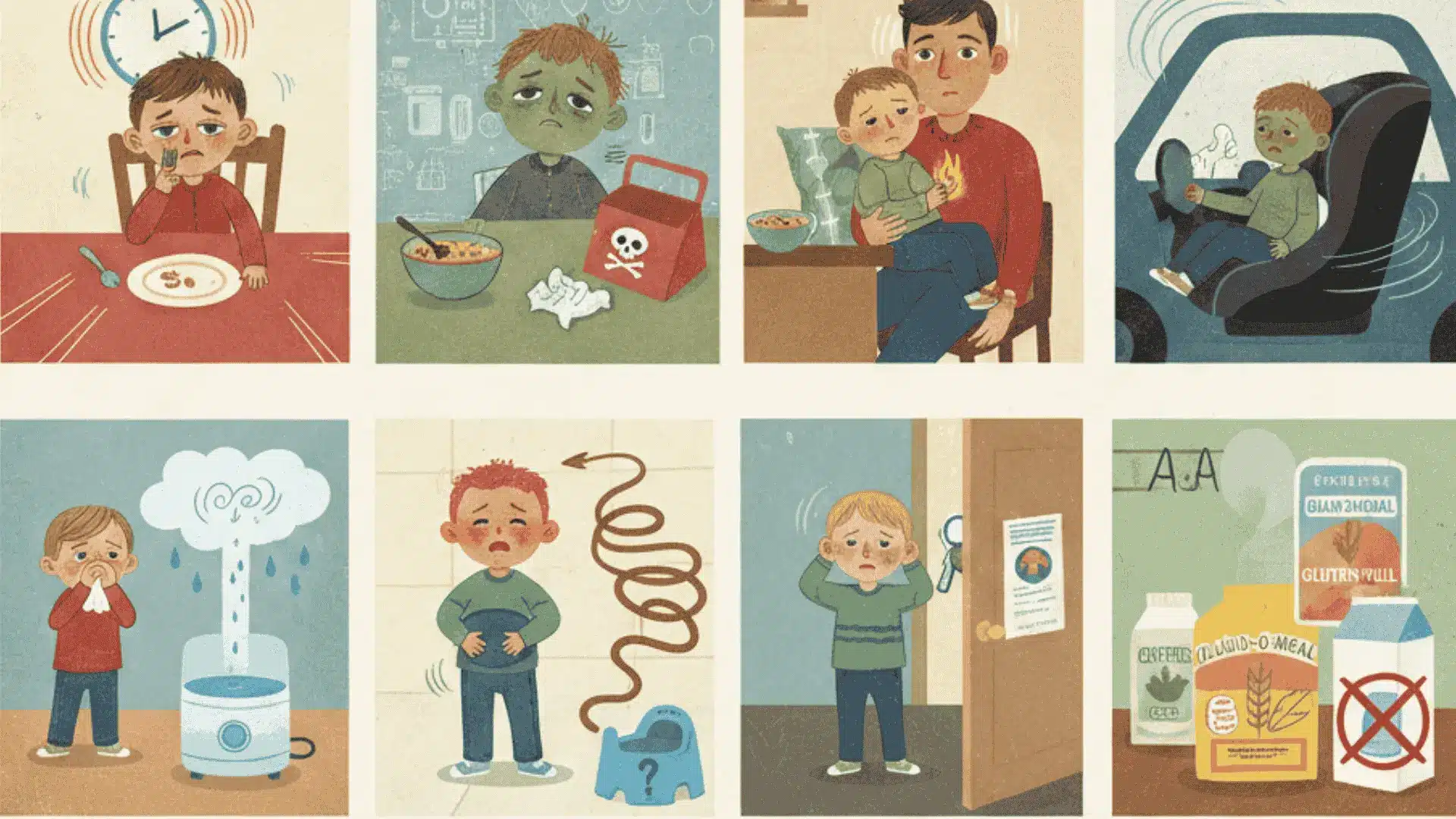 Illustrations of children with their parents, showcasing common causes a toddler to throw up with no fever