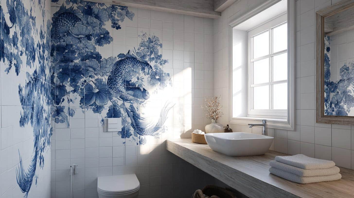 Indigo and white Japanese bathroom with koi fish wall mural and white basin