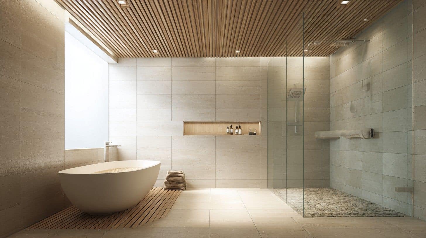 Japanese bathroom with light wood slat ceiling to bring in the warmth