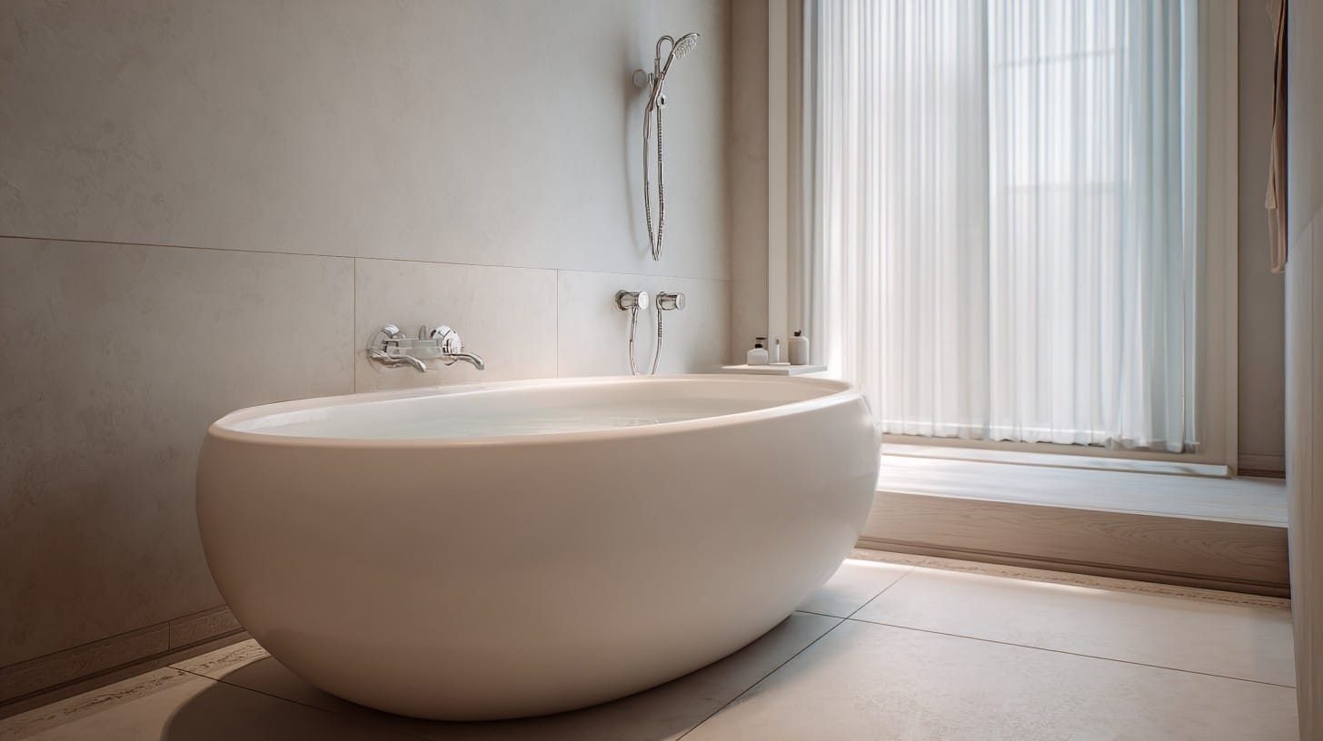 Minimal tub deck with clean edges in bathroom.