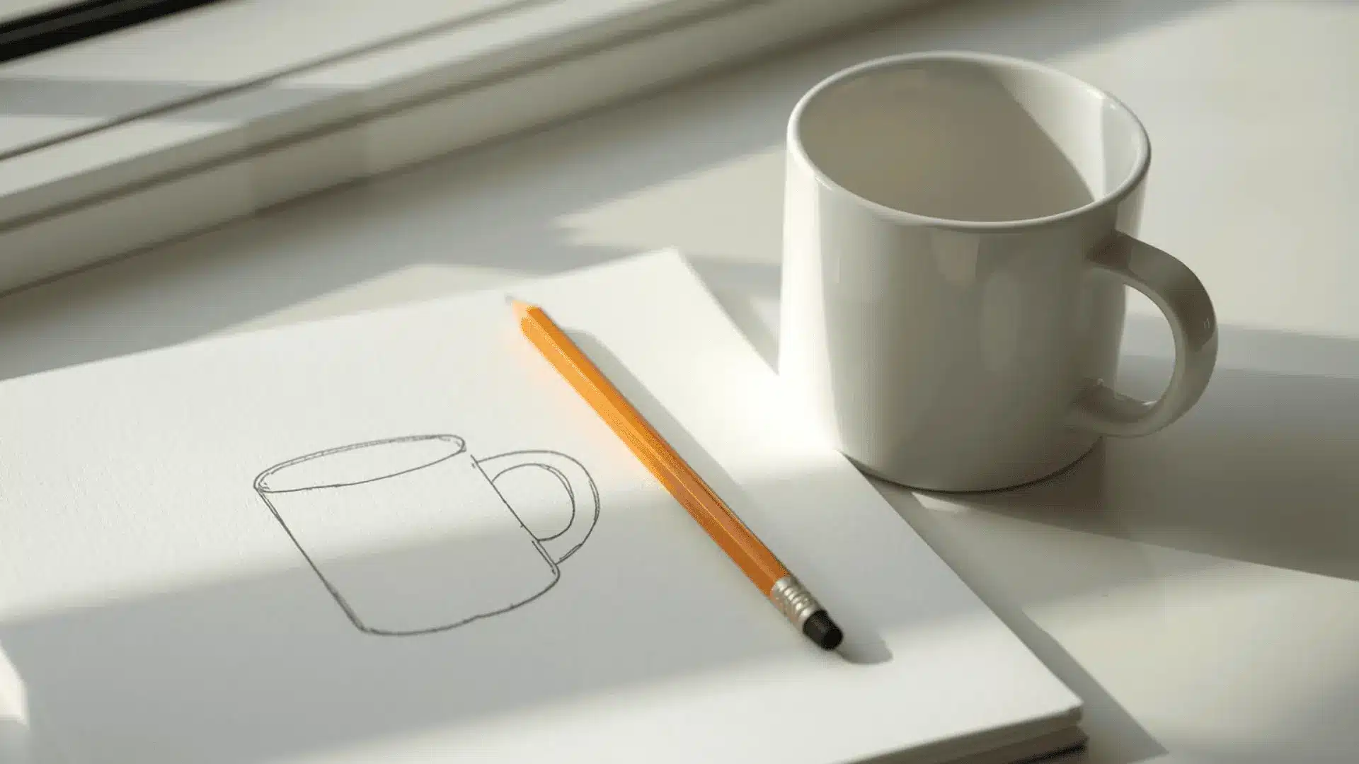 Mug beside a sketchbook showing a single continuous outline drawing, HB pencil resting on the page