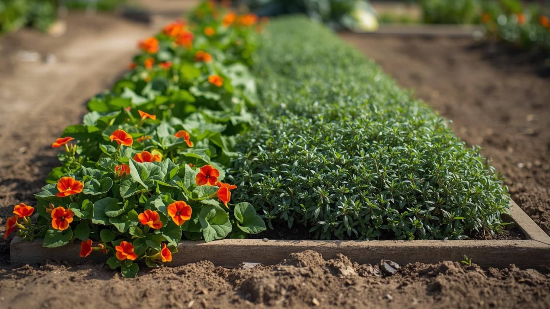 Nasturtiums planted at the bed edge near oregano